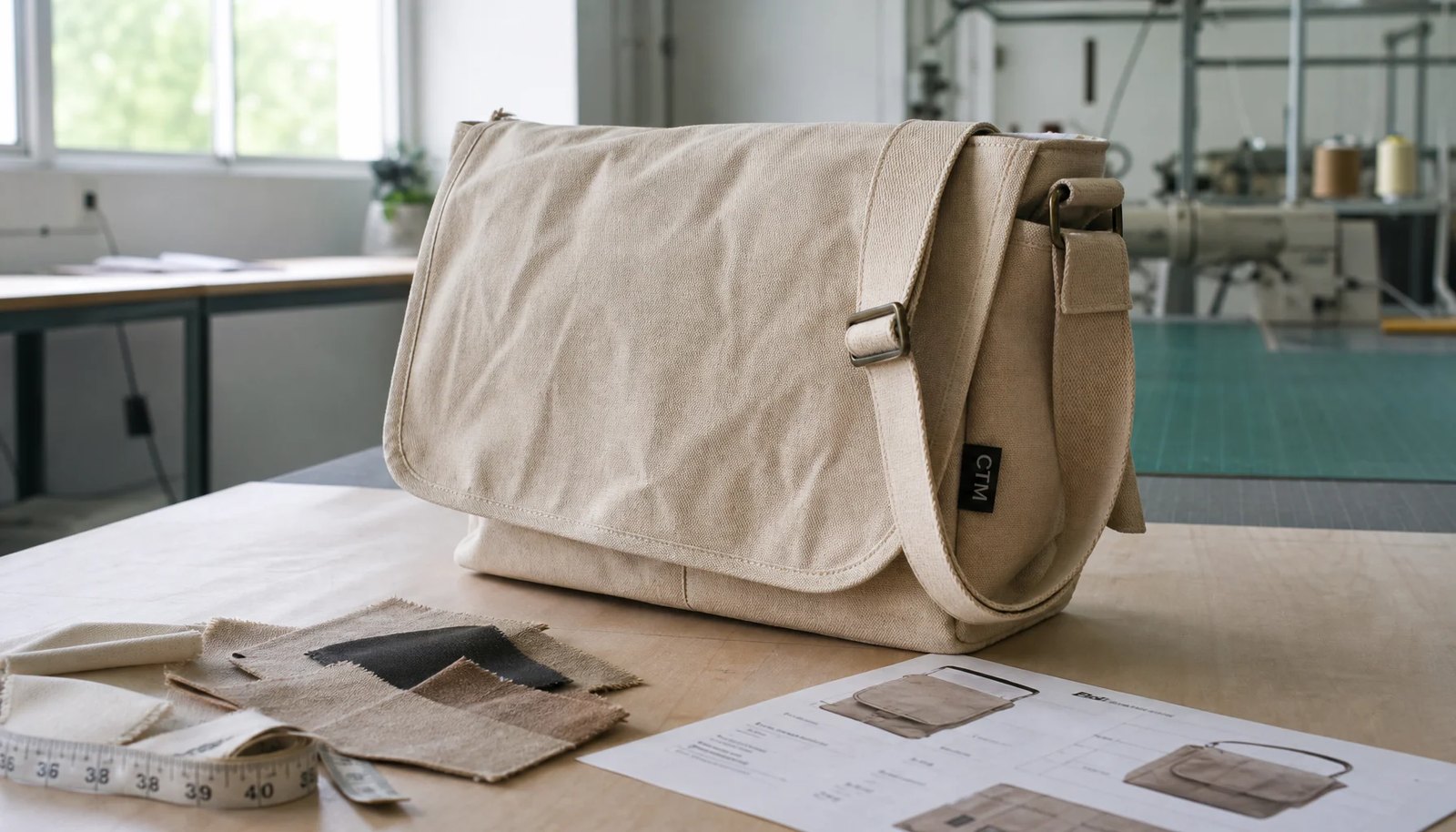 Photorealistic canvas messenger bag sample with a simple CTM CottonToMaker logo in a factory sample room