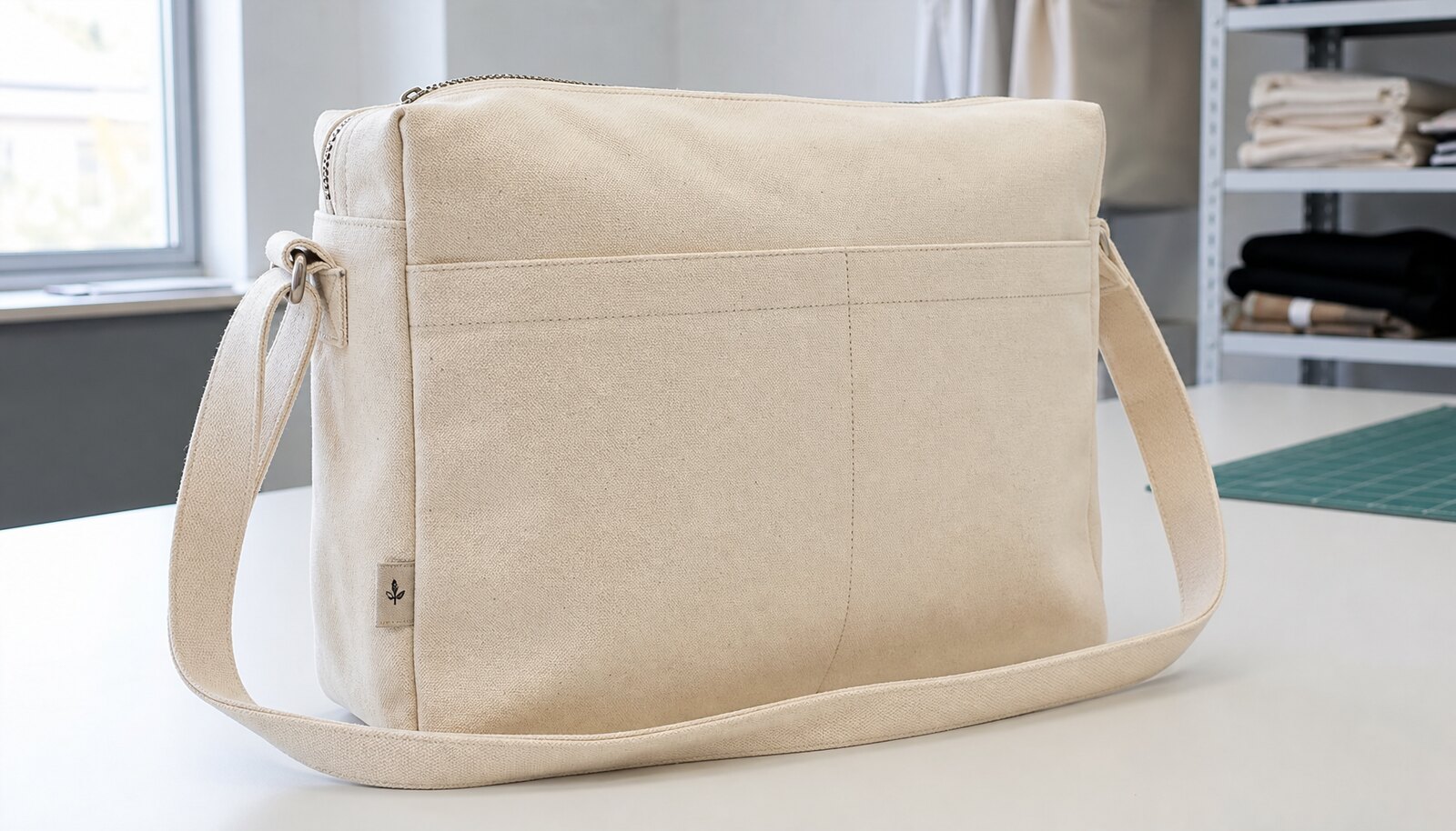 Photorealistic canvas messenger bag with a small CTM/CottonToMaker side label in a clean factory sample room.