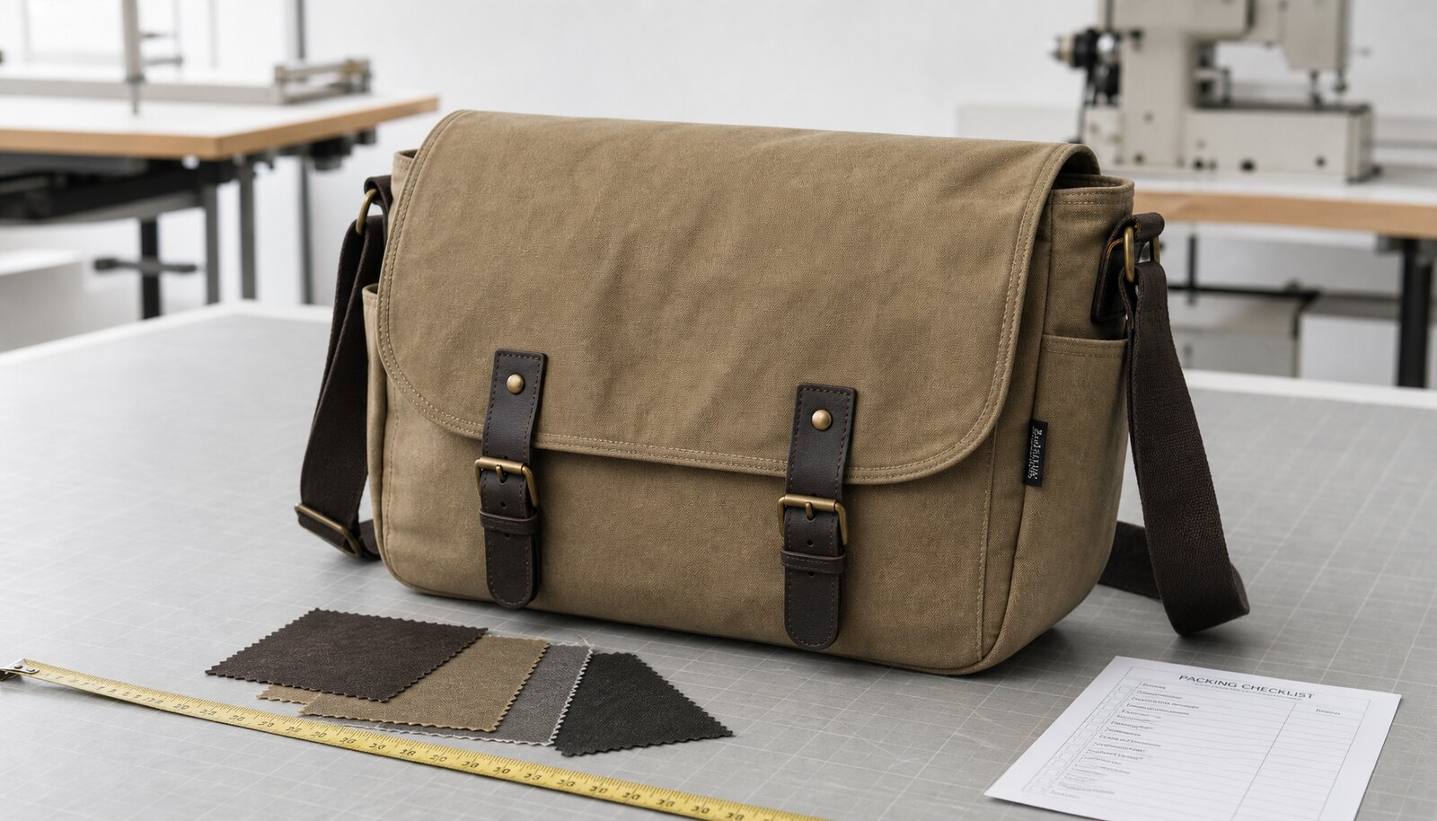 Natural canvas messenger bag with a stitched CottonToMaker sample logo in a clean factory sample room