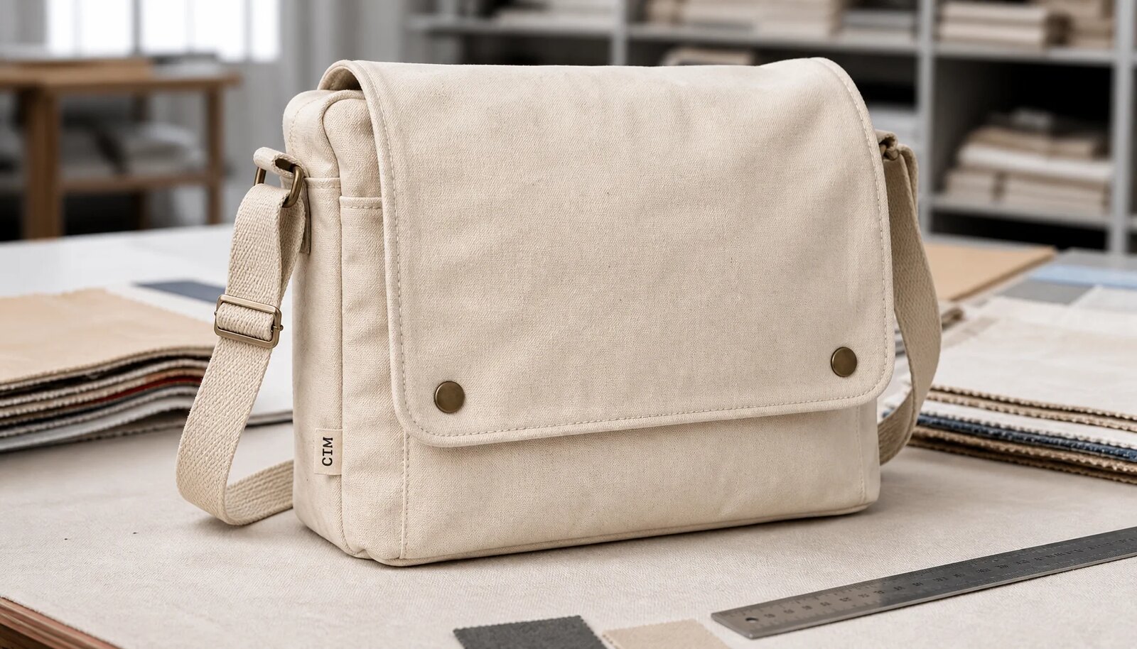Custom canvas messenger bag sample with CTM woven side label in a factory sample room