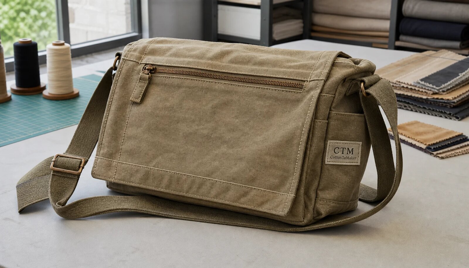 Custom canvas messenger bag with CTM side label in a factory sample room for quality inspection
