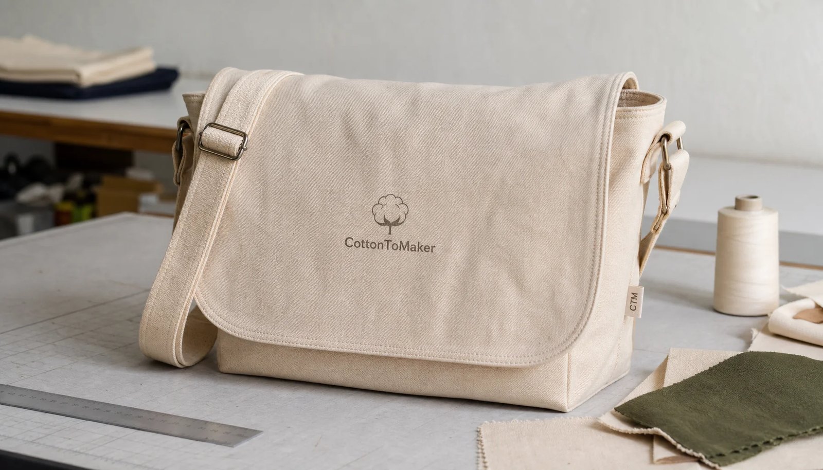 Custom natural canvas messenger bag sample with CTM woven side label and printed CottonToMaker logo