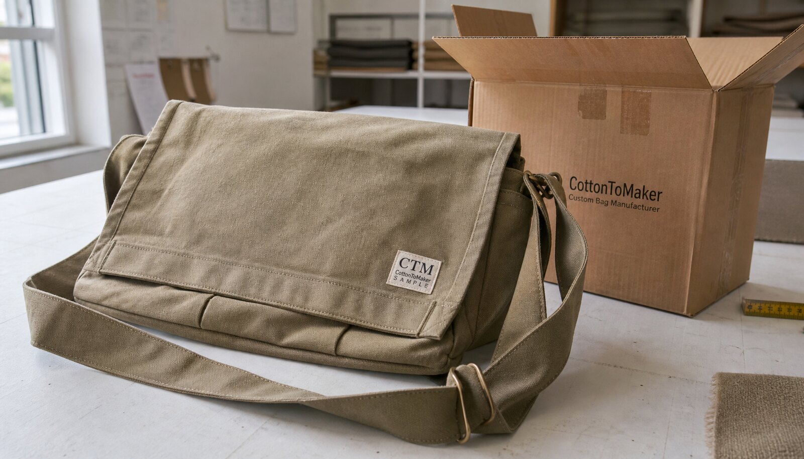 Custom canvas messenger bag with a CTM sample label in a factory sample room beside a shipping carton