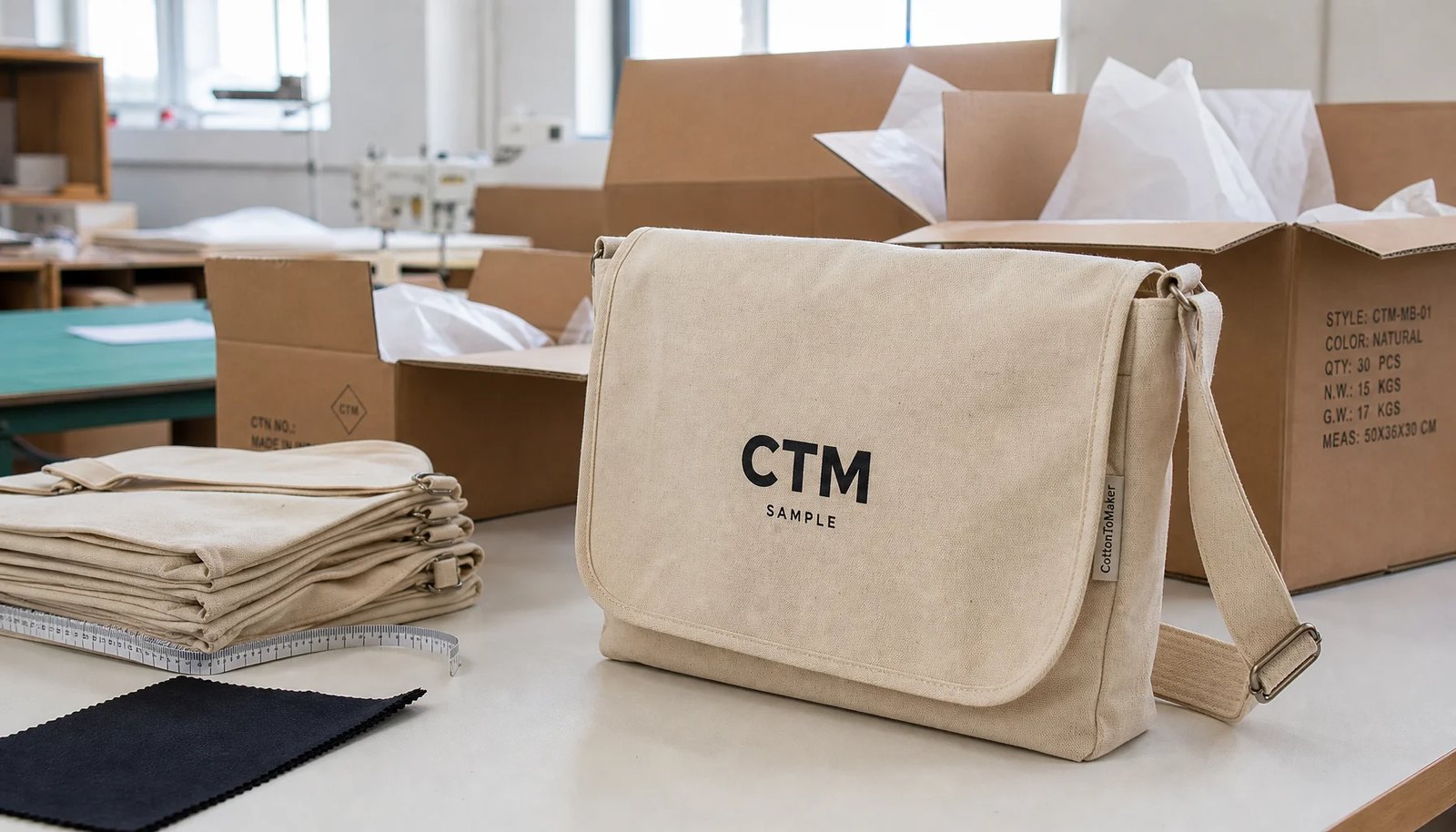Custom canvas messenger bags with CTM sample logo packed beside export cartons in a factory sample room