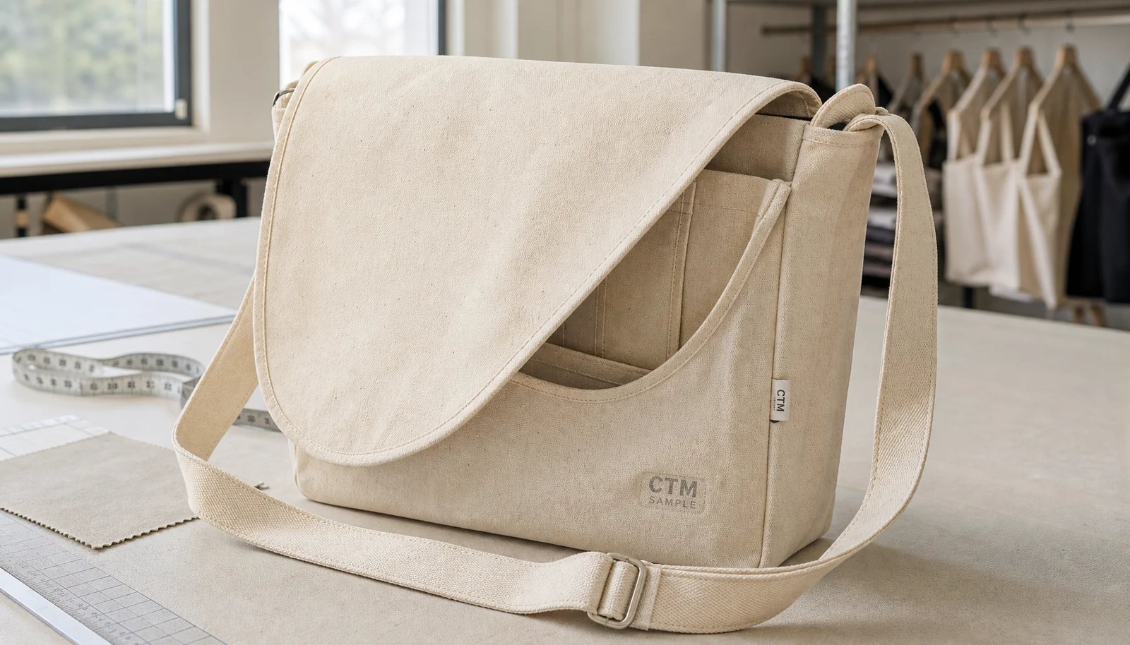 Custom canvas messenger bag sample with CTM logo and woven CottonToMaker side label in a factory sample room