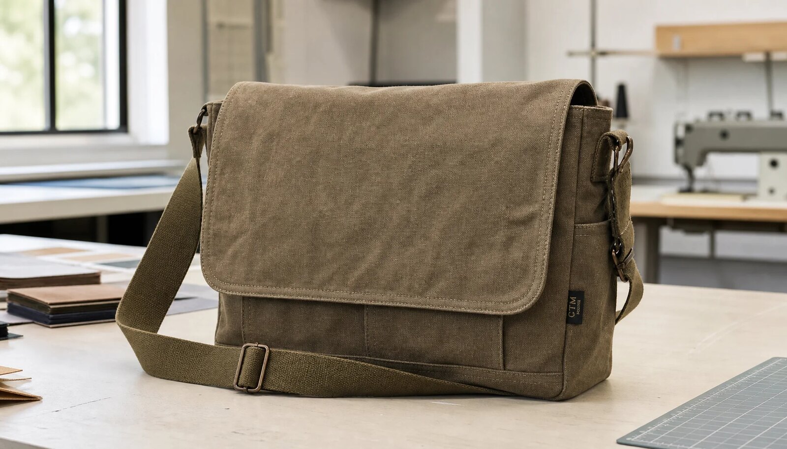 Photorealistic canvas messenger bag sample with a simple CTM / CottonToMaker logo label shown in a clean factory sample room