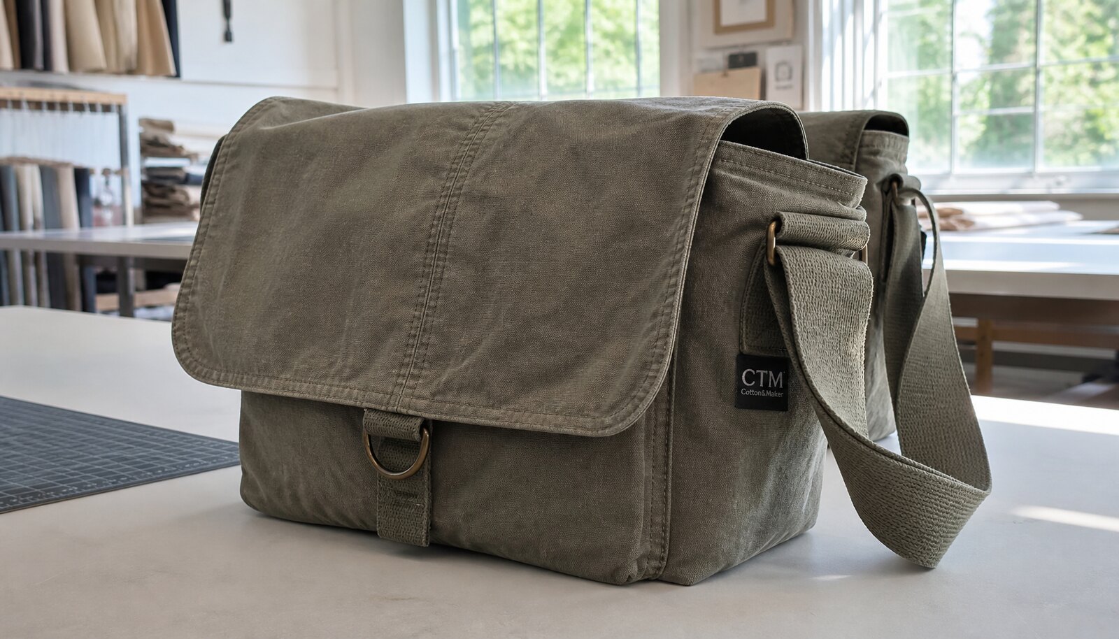 Custom canvas messenger bag with a small CTM CottonToMaker logo shown in a clean factory sample room