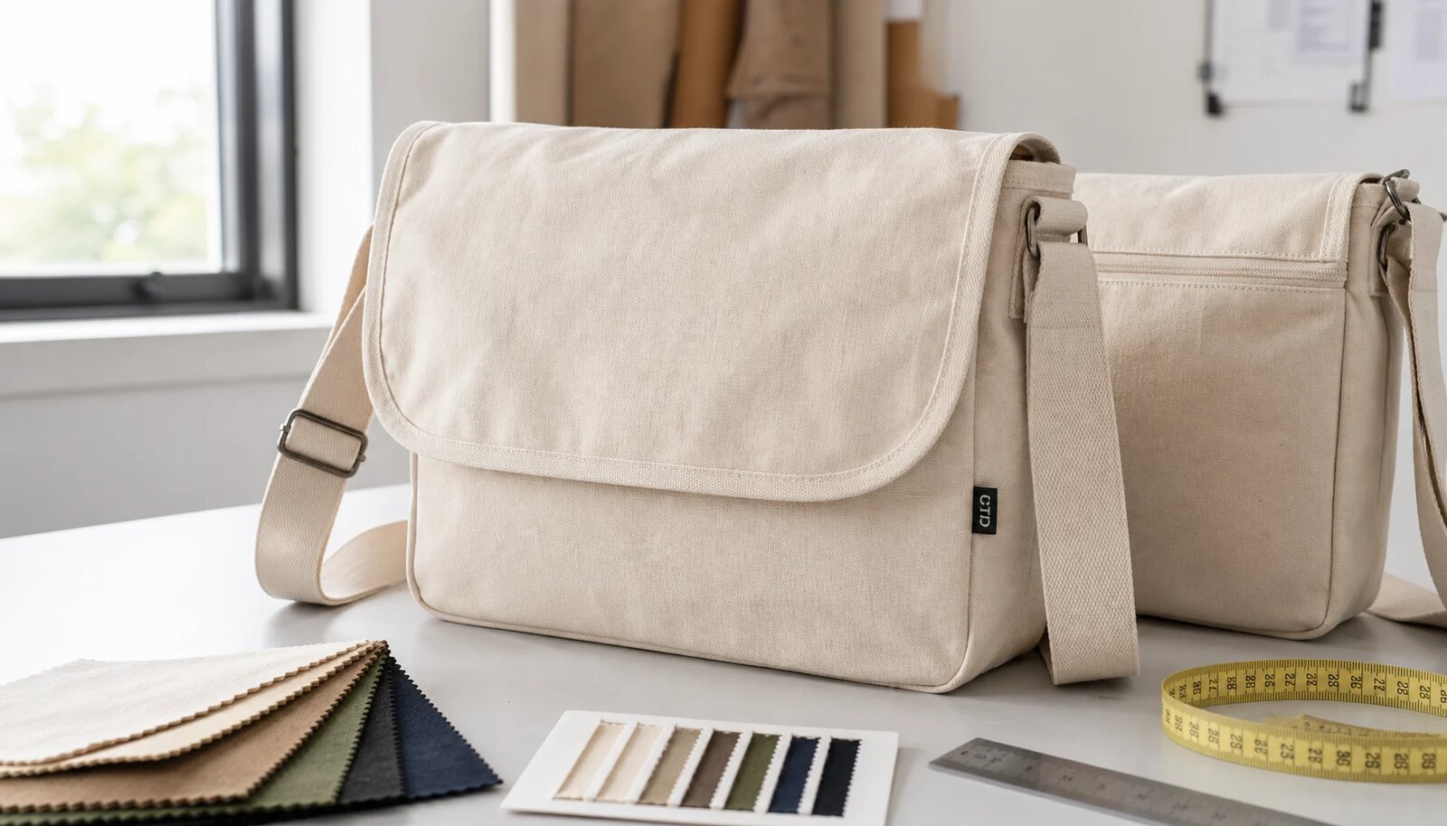 Custom canvas messenger bag sample with CTM woven side label in a factory sample room