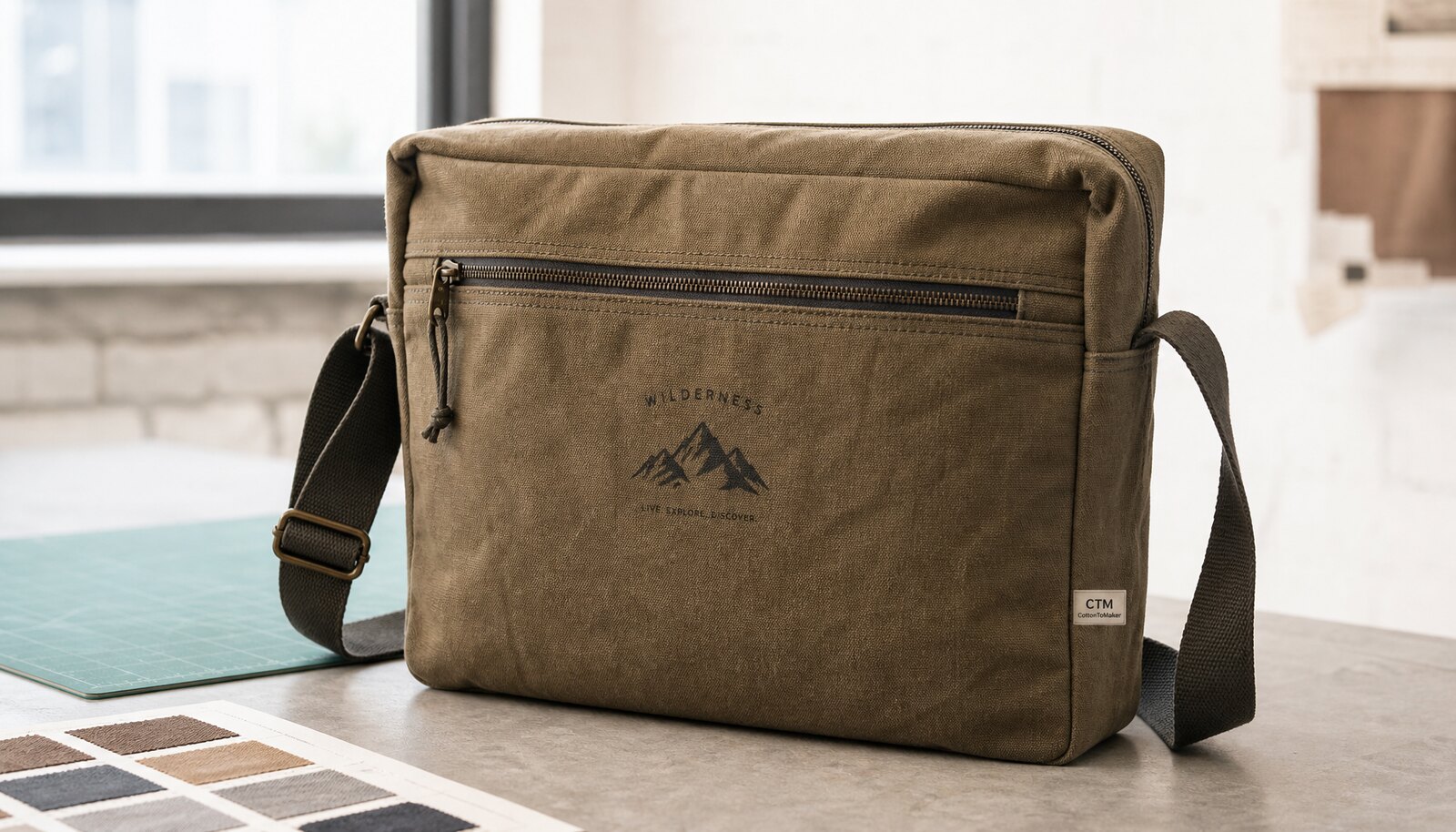 Photorealistic custom canvas messenger bag with a simple CTM side label in a clean factory sample room