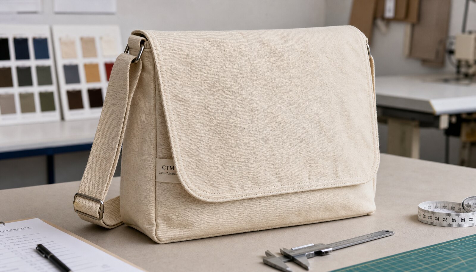 Custom canvas shoulder bag sample with CTM CottonToMaker label, fabric swatches, and inspection tools in a factory sample room