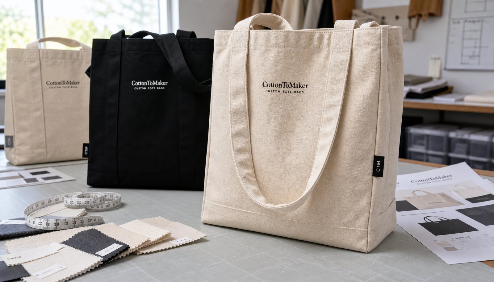 Custom canvas tote bag samples with CTM logo in a factory sample room