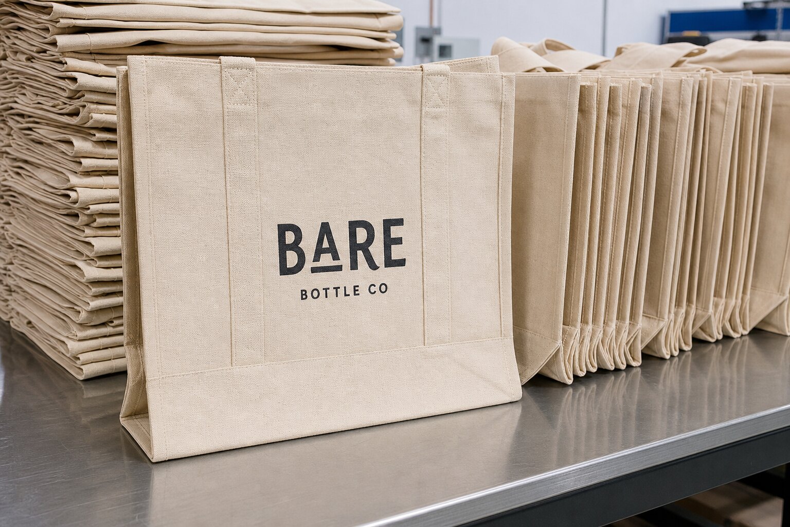 Photorealistic stack of custom canvas tote bags with a printed logo on the front bag in a factory packing area