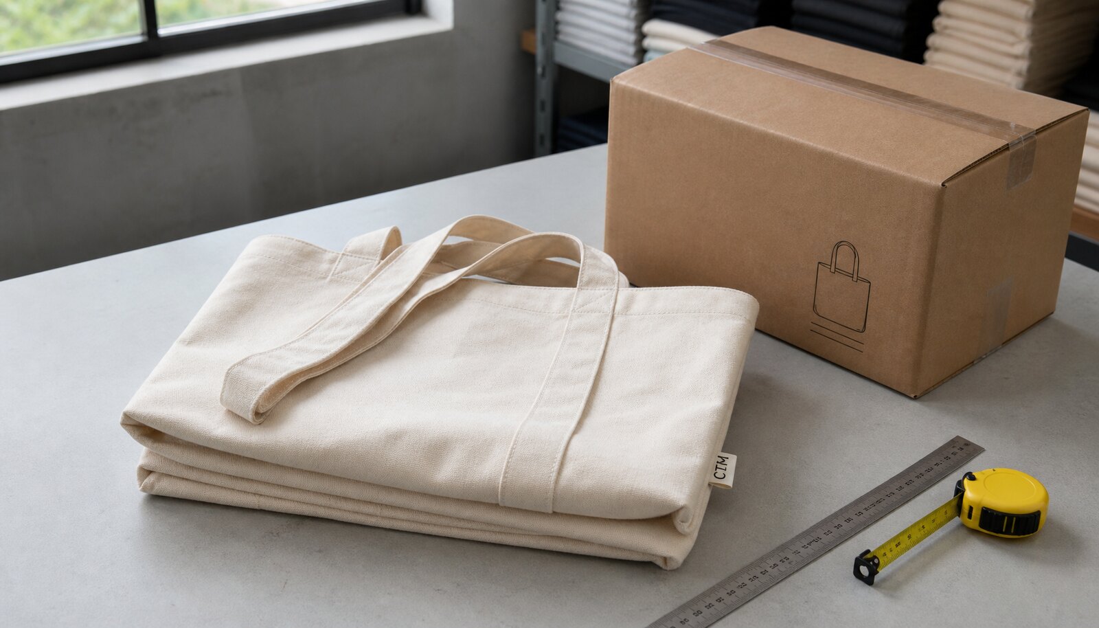 Photorealistic canvas tote sample with a small CTM CottonToMaker logo in a factory sample room