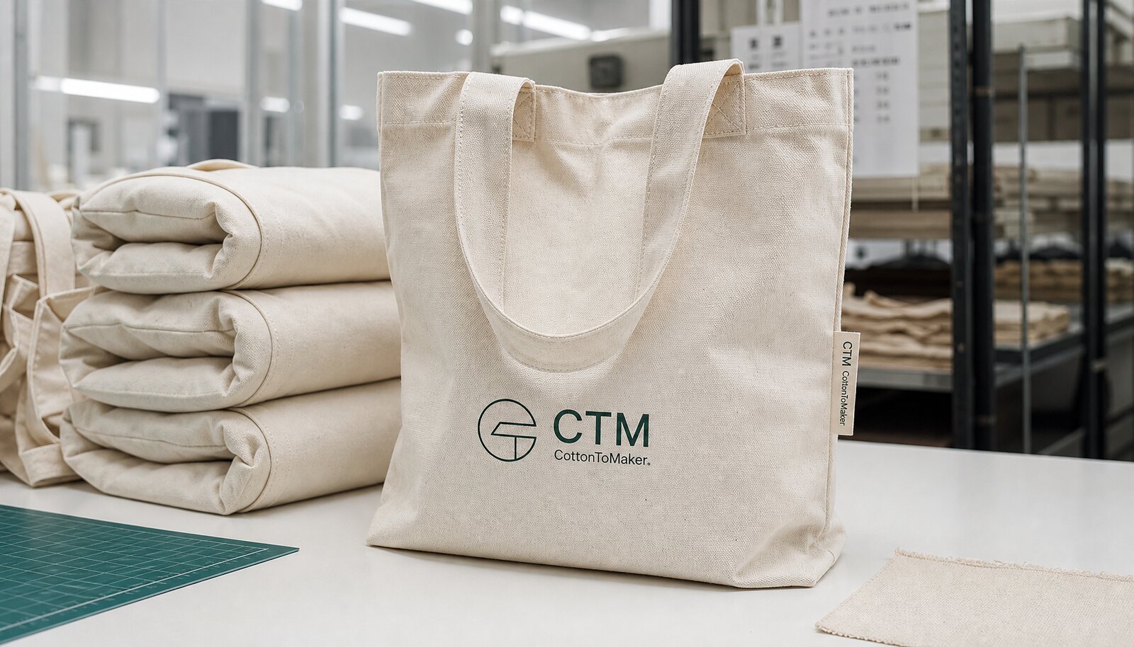 Natural canvas tote bag with a CTM/CottonToMaker sample label shown in a factory sample room