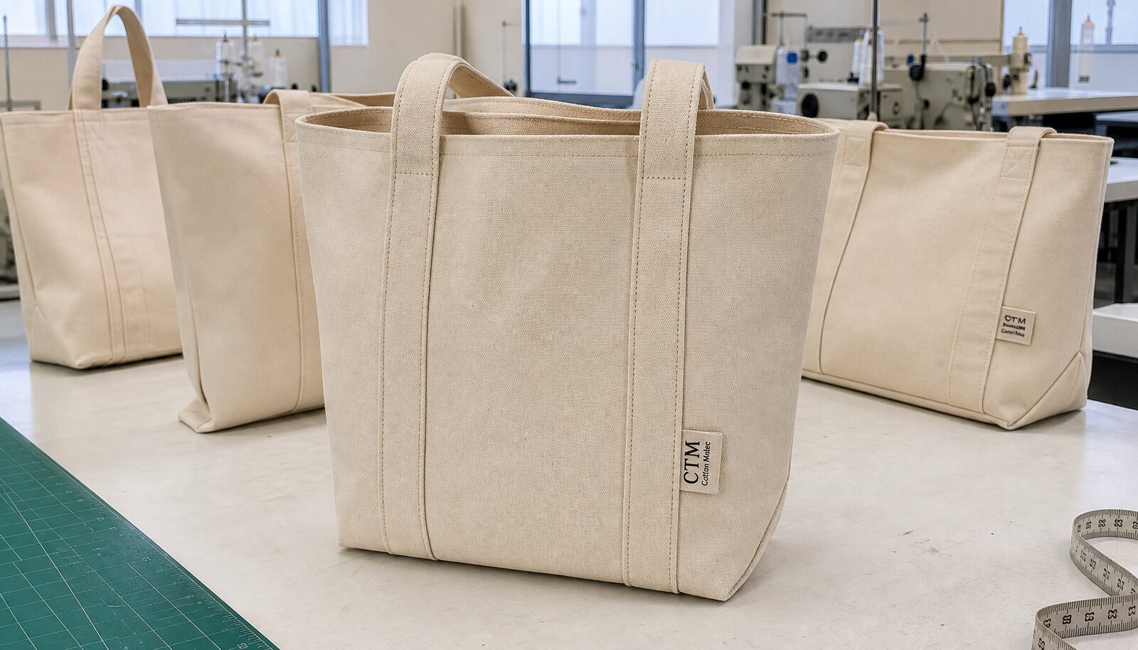 Photorealistic canvas tote bag samples in a factory sample room with a small CTM CottonToMaker sewn label visible on the product