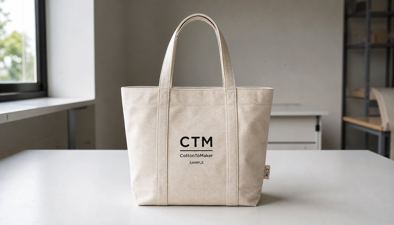 A custom canvas tote bag with a CTM CottonToMaker sample logo sewn on, photographed in a clean factory sample room