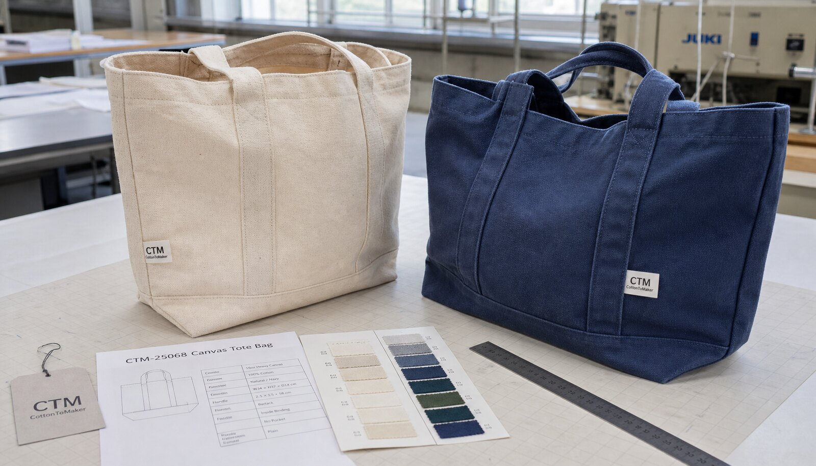 Custom canvas tote bags with a sample logo in a factory inspection room for ecommerce quality review.