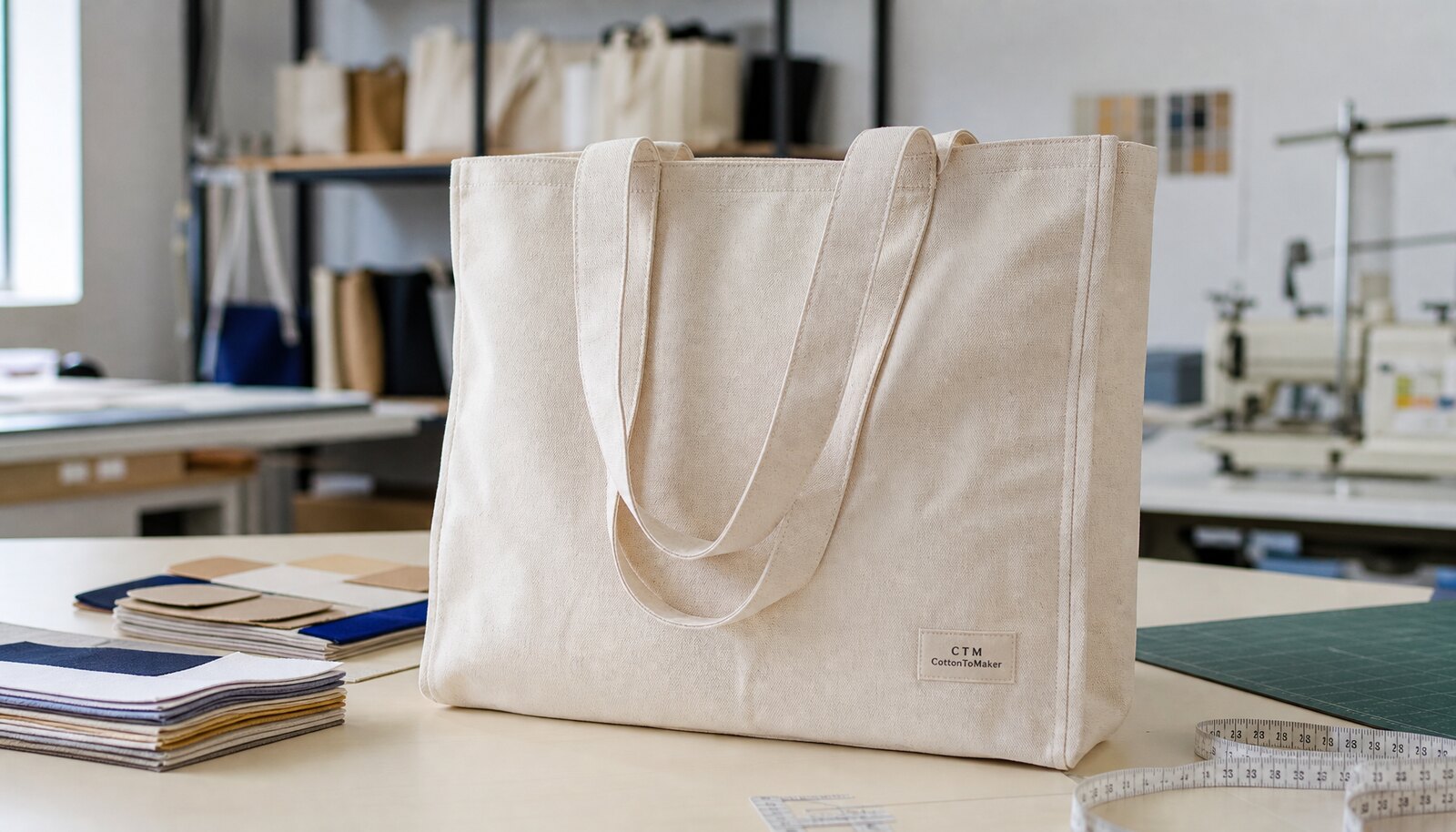 Natural canvas tote bag with a simple CTM CottonToMaker logo in a clean factory sample room
