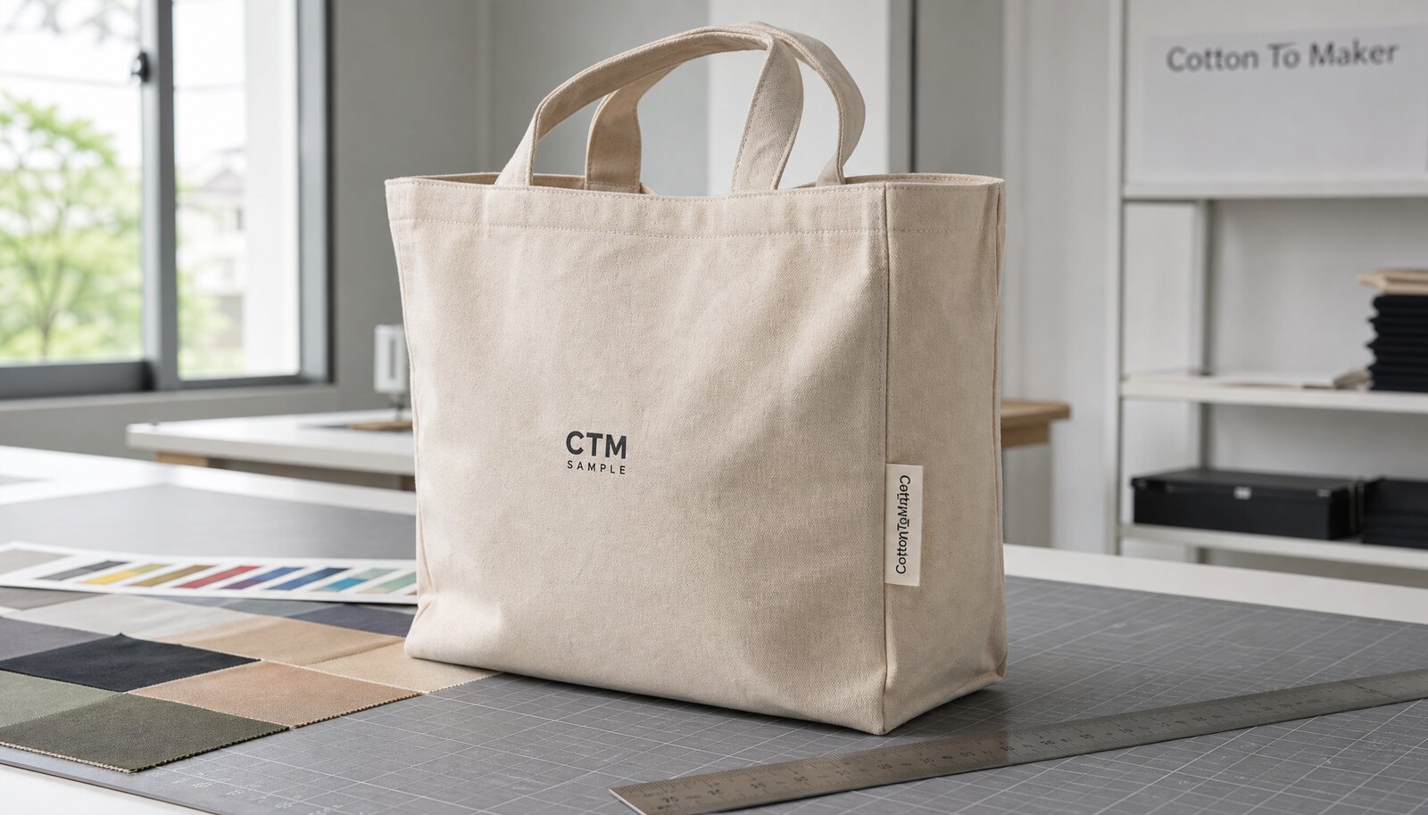 Natural canvas tote bag with a CTM sample logo printed on the front and a CottonToMaker side label in a clean factory sample room