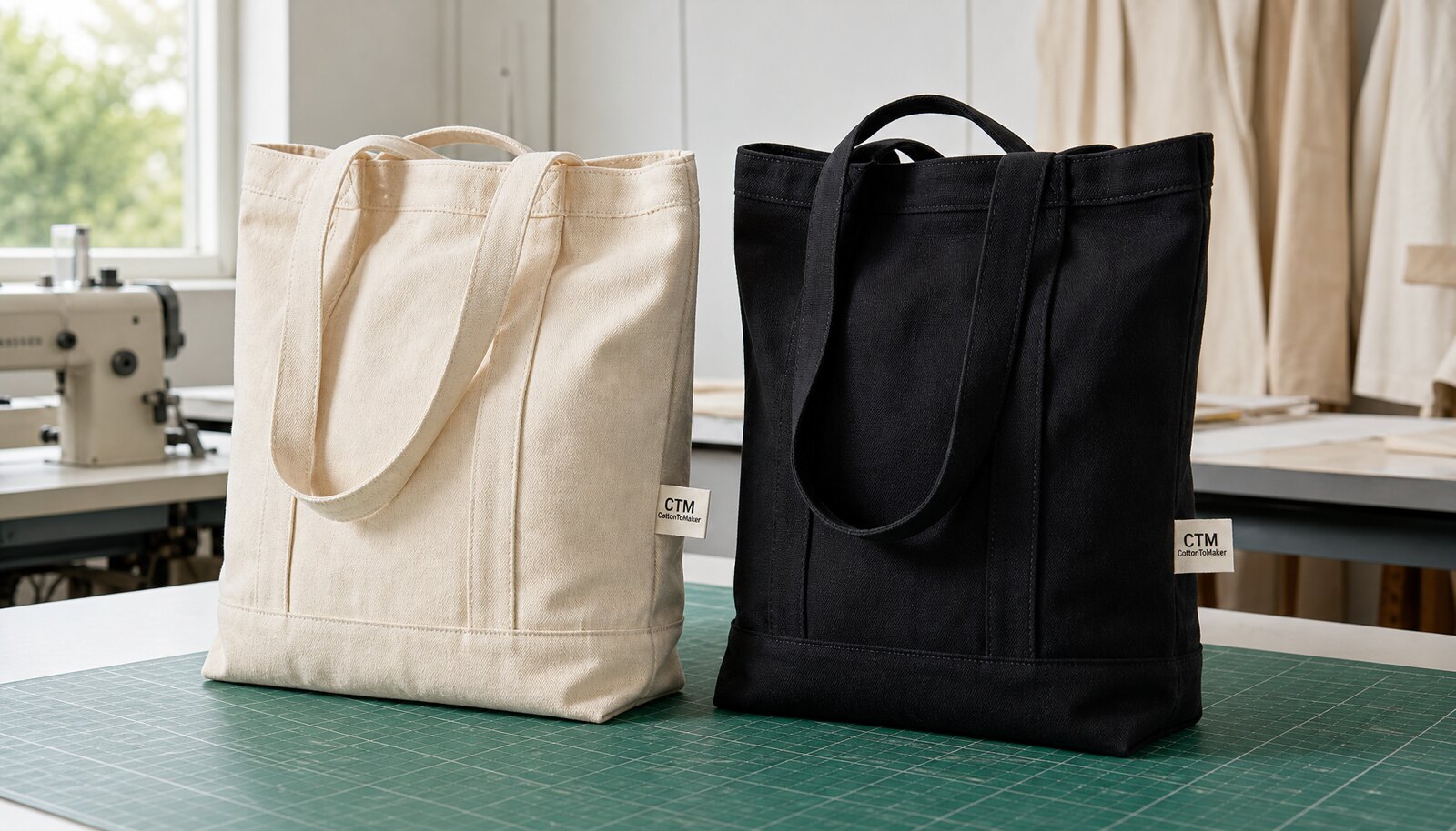 Custom canvas tote bags with a sewn CTM CottonToMaker side label in a factory sample room