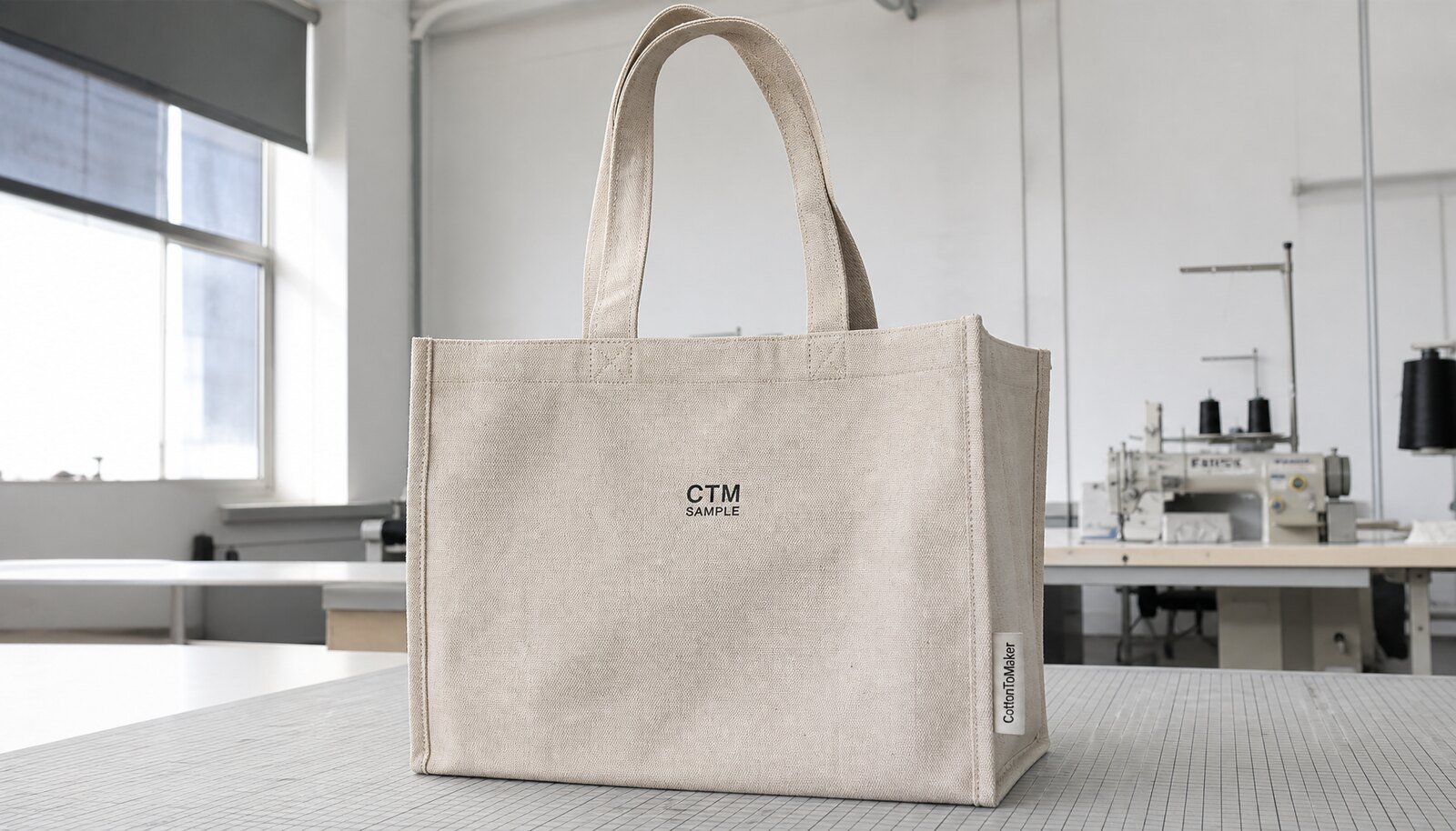 Natural canvas tote bag with a simple CTM logo and woven side label in a clean sample room.