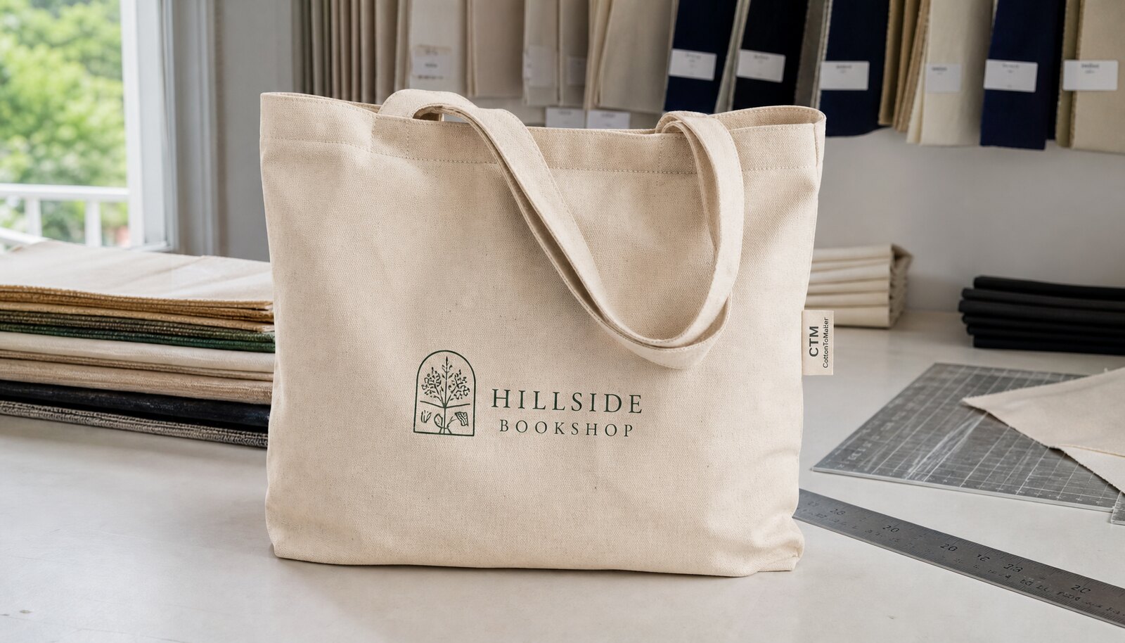 Natural canvas bookstore tote bag with a sewn CTM side label in a clean sample room.