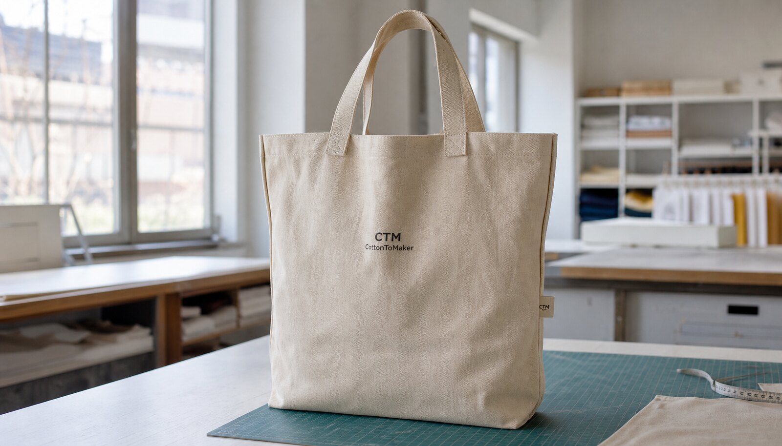 Natural canvas tote bag with a small CTM sample logo in a clean factory sample room.
