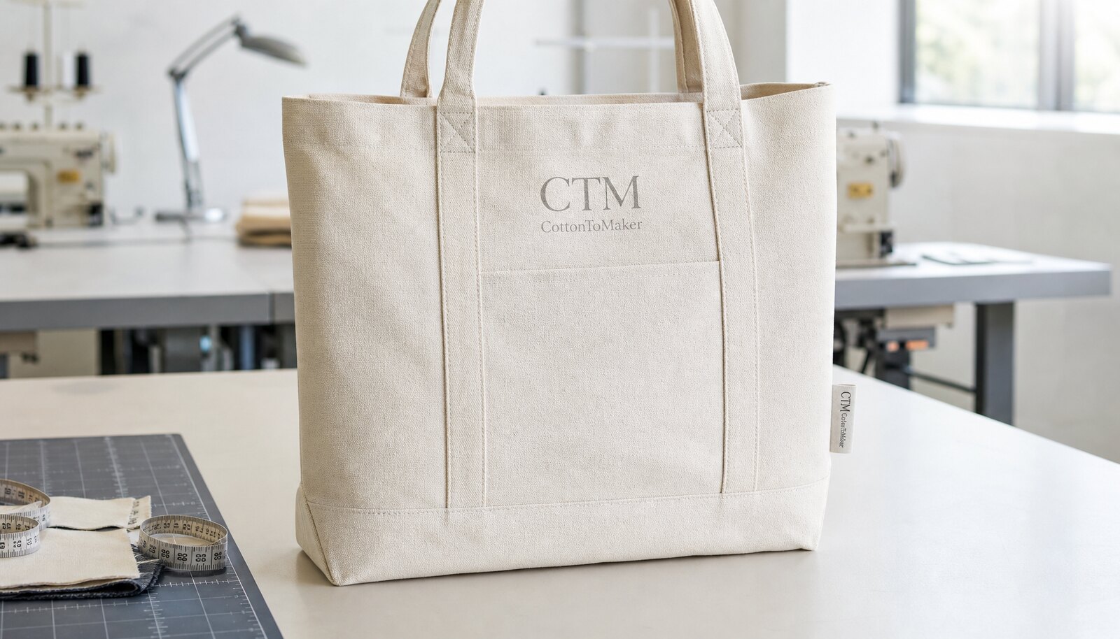 A custom canvas tote bag with a simple CTM side label in a factory sample room