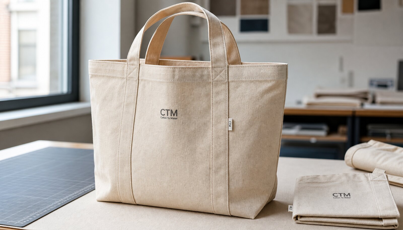 Photorealistic canvas tote bag with a simple CTM logo in a factory sample room