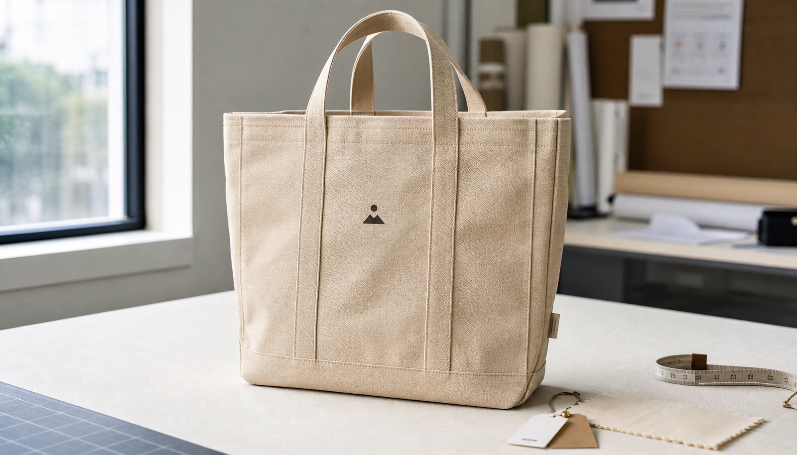 Natural canvas tote bag in a factory sample room with a simple CTM logo printed on the front