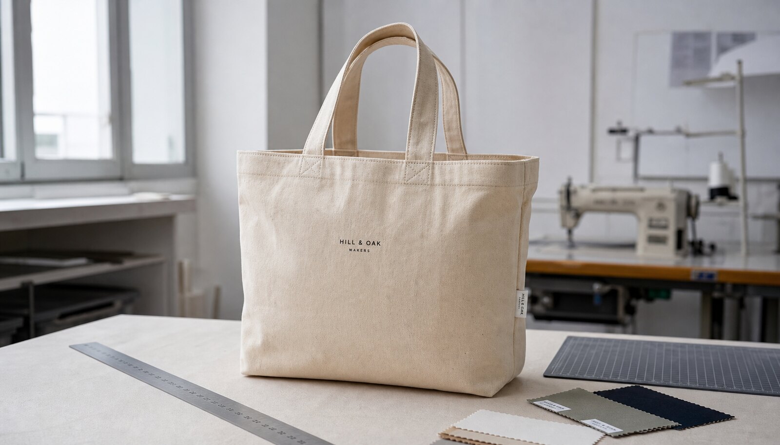 Photorealistic custom canvas tote bag sample in a factory sample room with a sewn side label.