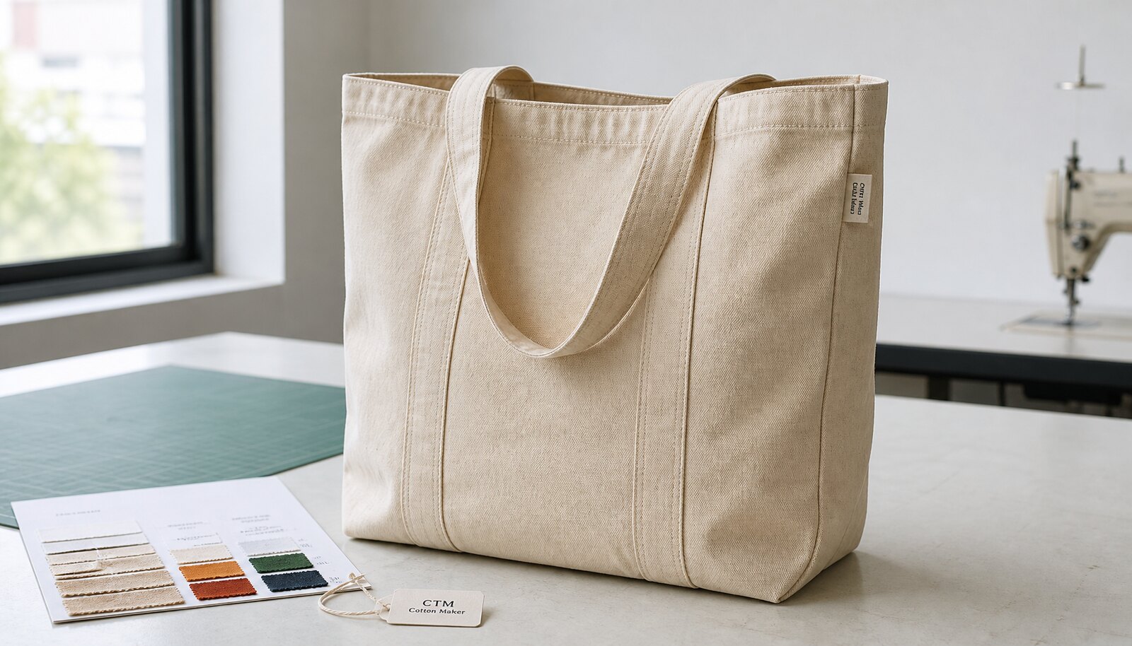 Natural canvas tote bag with a simple CTM CottonToMaker woven side label photographed in a clean factory sample room