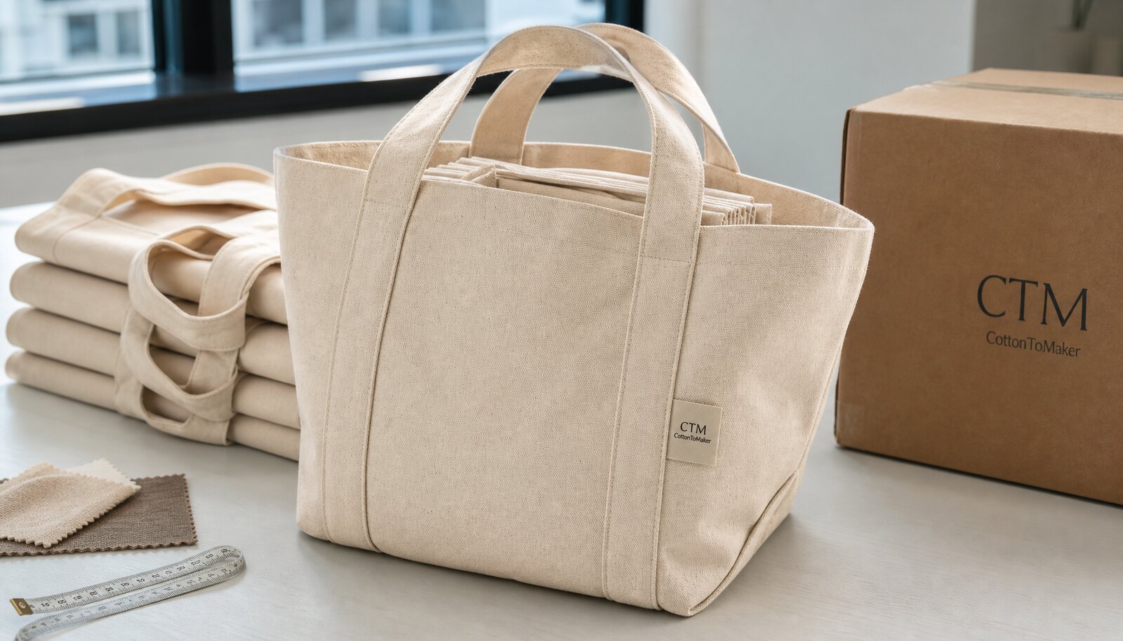 Custom canvas tote bags for boutiques with a sewn CottonToMaker side label in a factory sample room