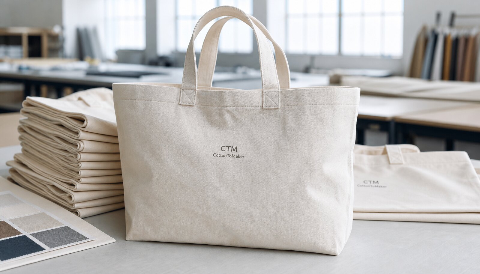 Off-white custom canvas tote bag with a simple CTM CottonToMaker sample logo printed in a factory sample room