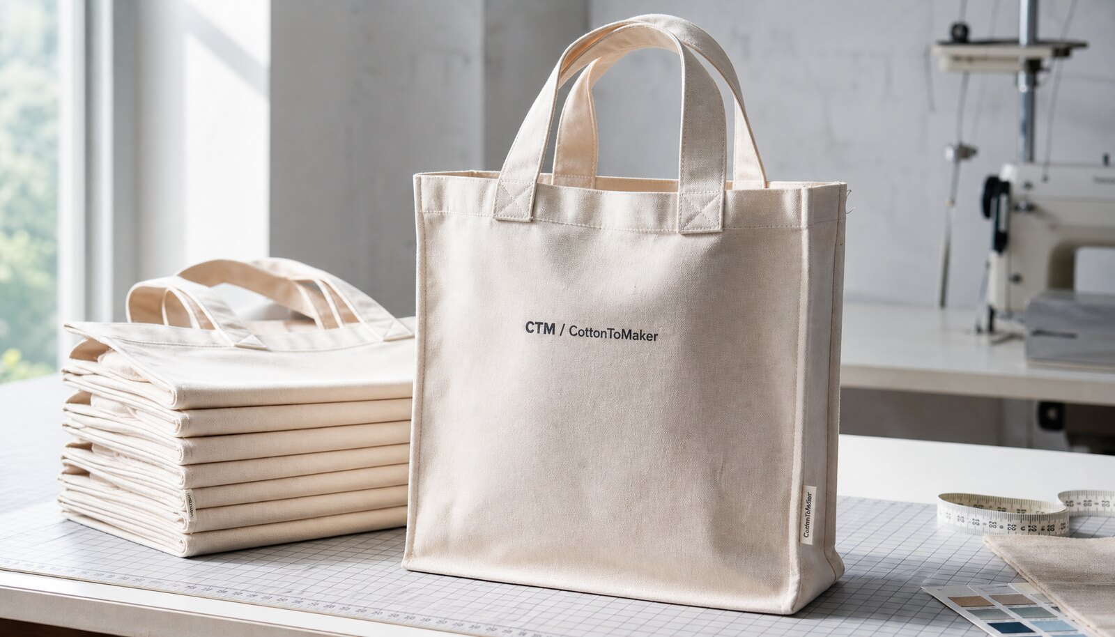 Natural canvas tote bag with a simple CTM sample logo printed on the front panel in a factory sample room
