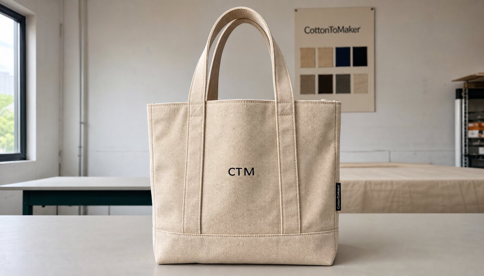 Natural canvas tote bag with a simple CTM logo printed on the front in a clean factory sample room.