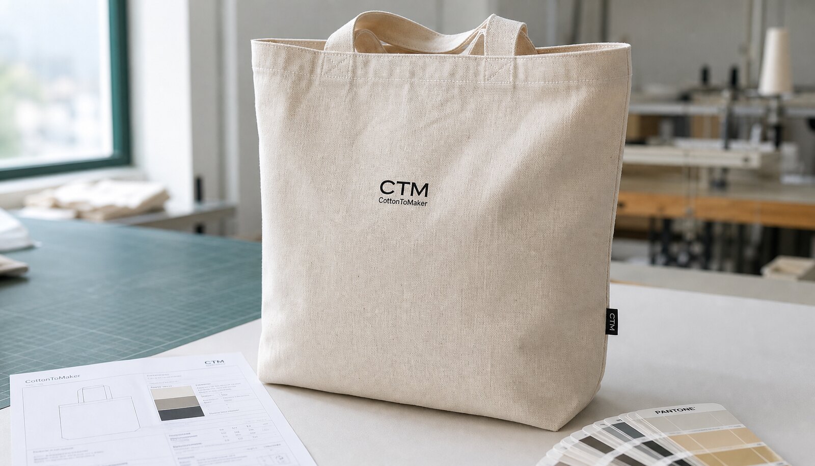Photorealistic custom canvas tote bag with a simple sample logo printed on the front in a clean factory sample room