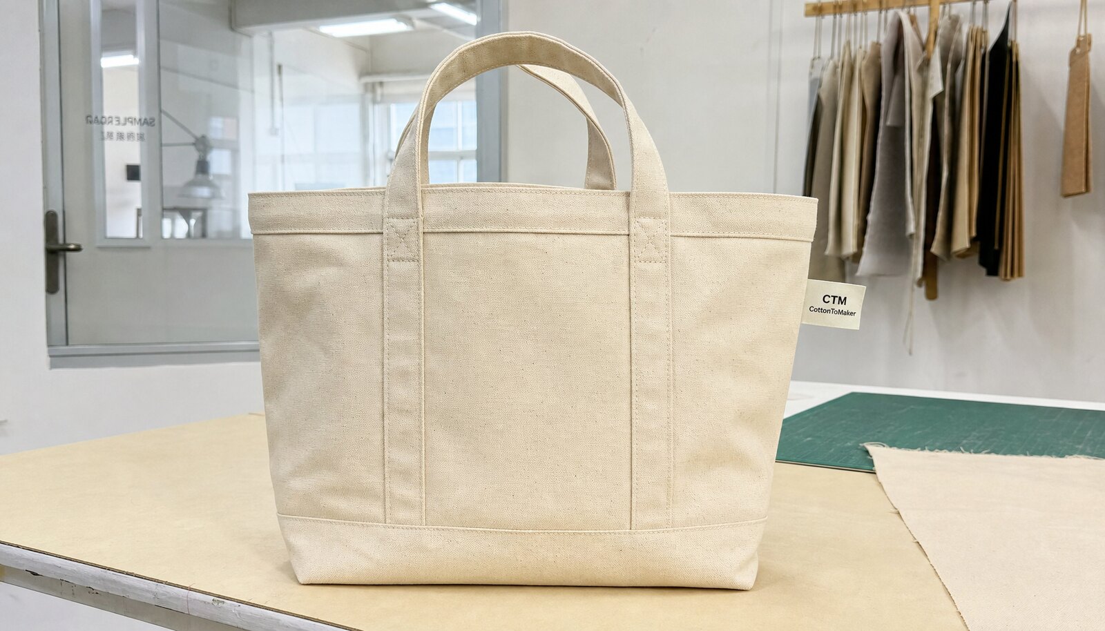 Photorealistic canvas tote sample for a coffee brand with a simple CTM logo in a factory sample room.