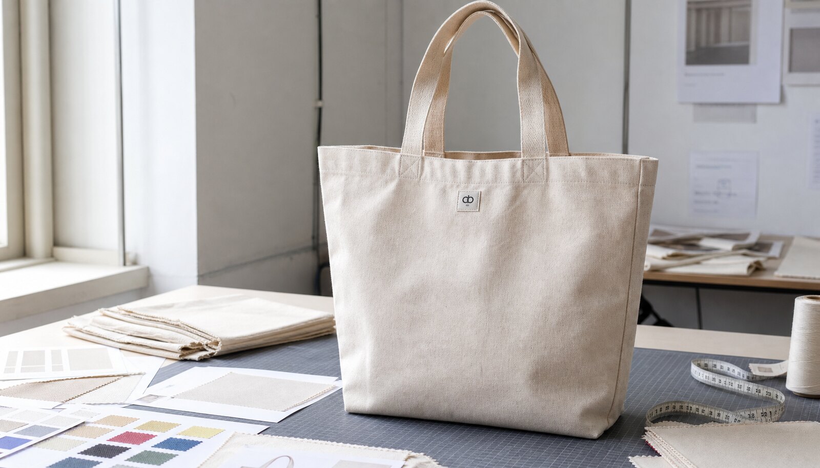 A heavy canvas tote bag with fabric swatches and print samples shown in a factory sample room
