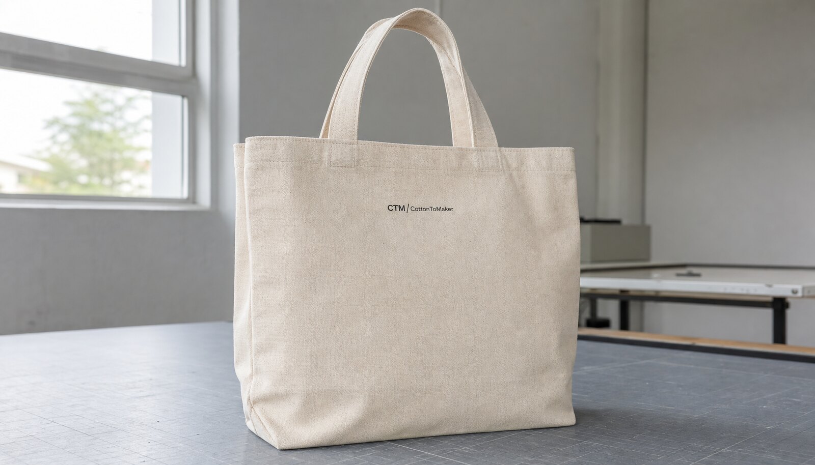 Natural canvas tote bag with a small CTM CottonToMaker logo print shown in a clean factory sample room
