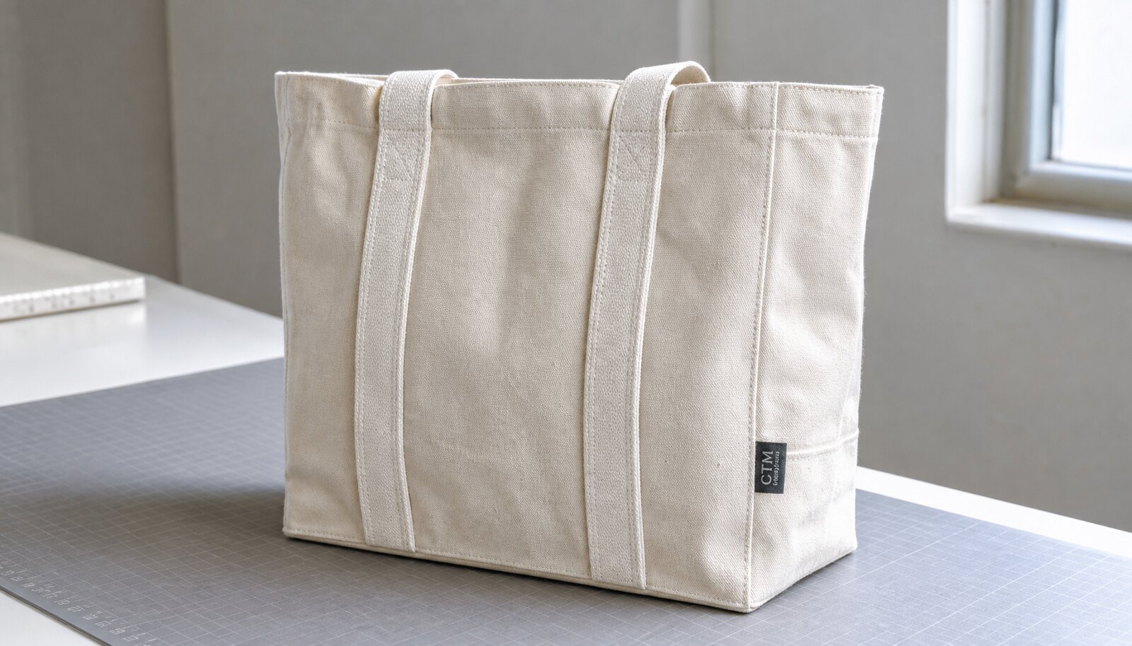 Natural canvas tote bag with a small CTM side label in a factory sample room