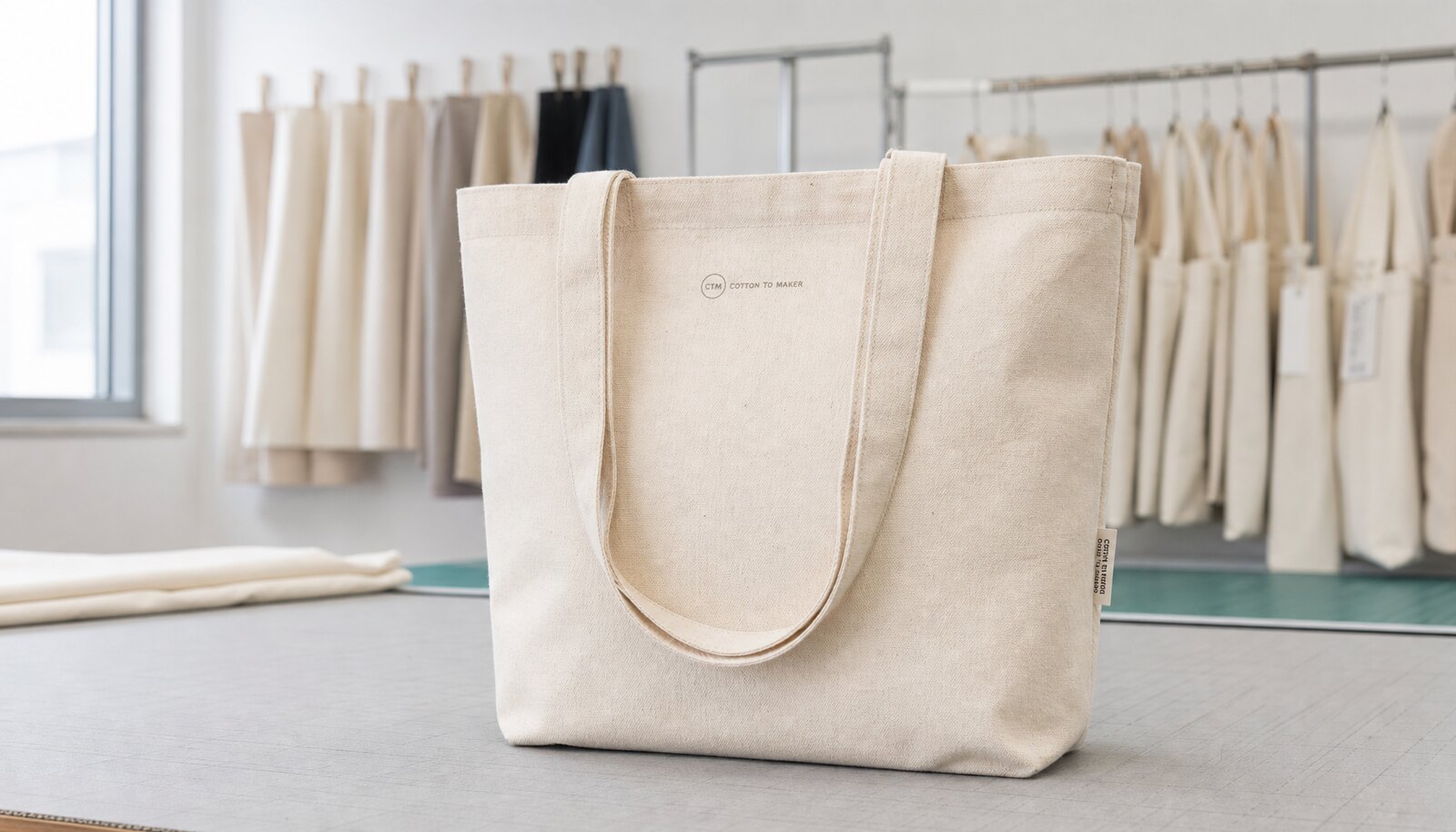 Natural canvas tote bag with a CTM/CottonToMaker logo printed in a factory sample room