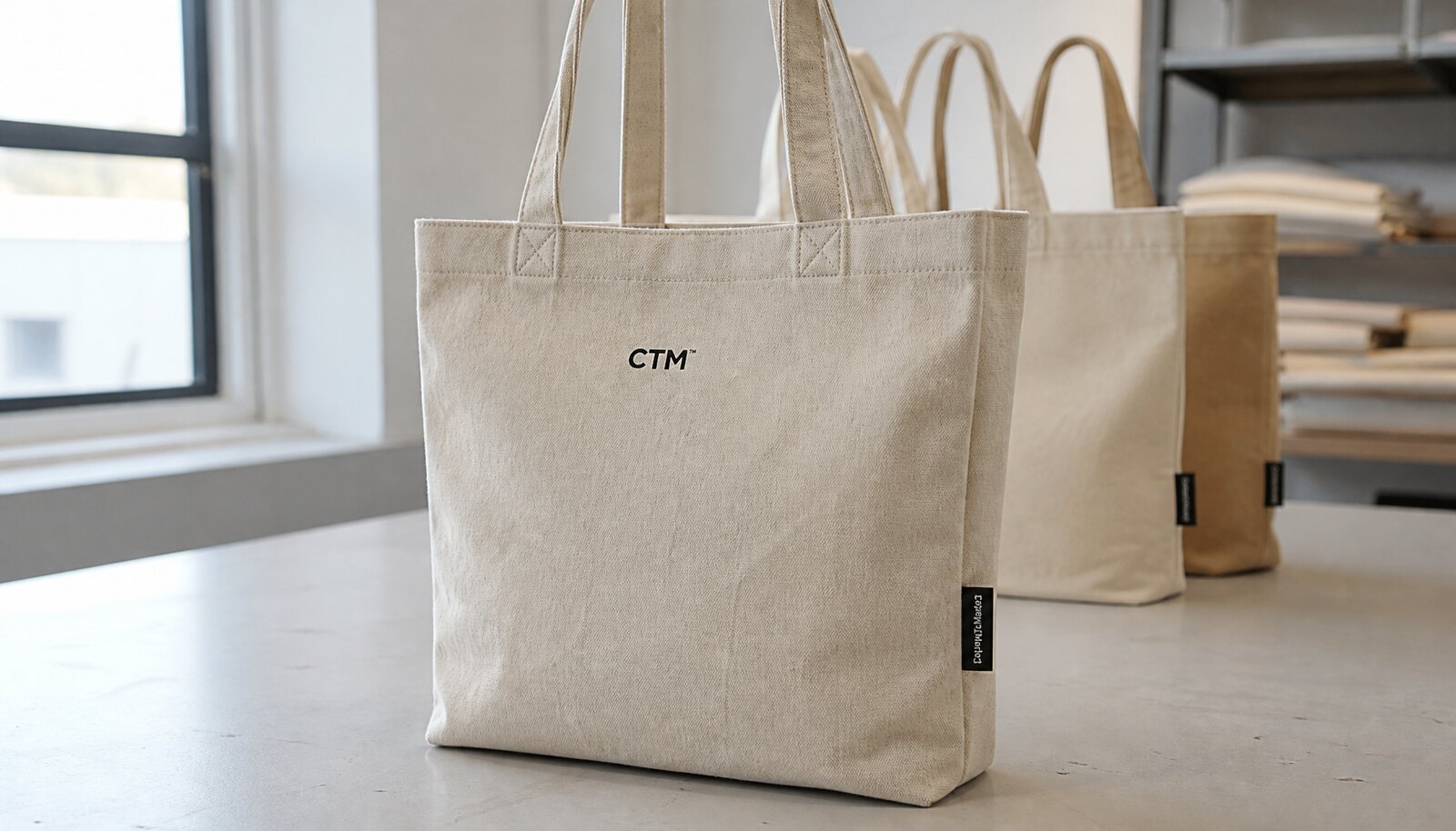 Photorealistic canvas tote bags in a factory sample room with a simple CTM logo and visible stitching
