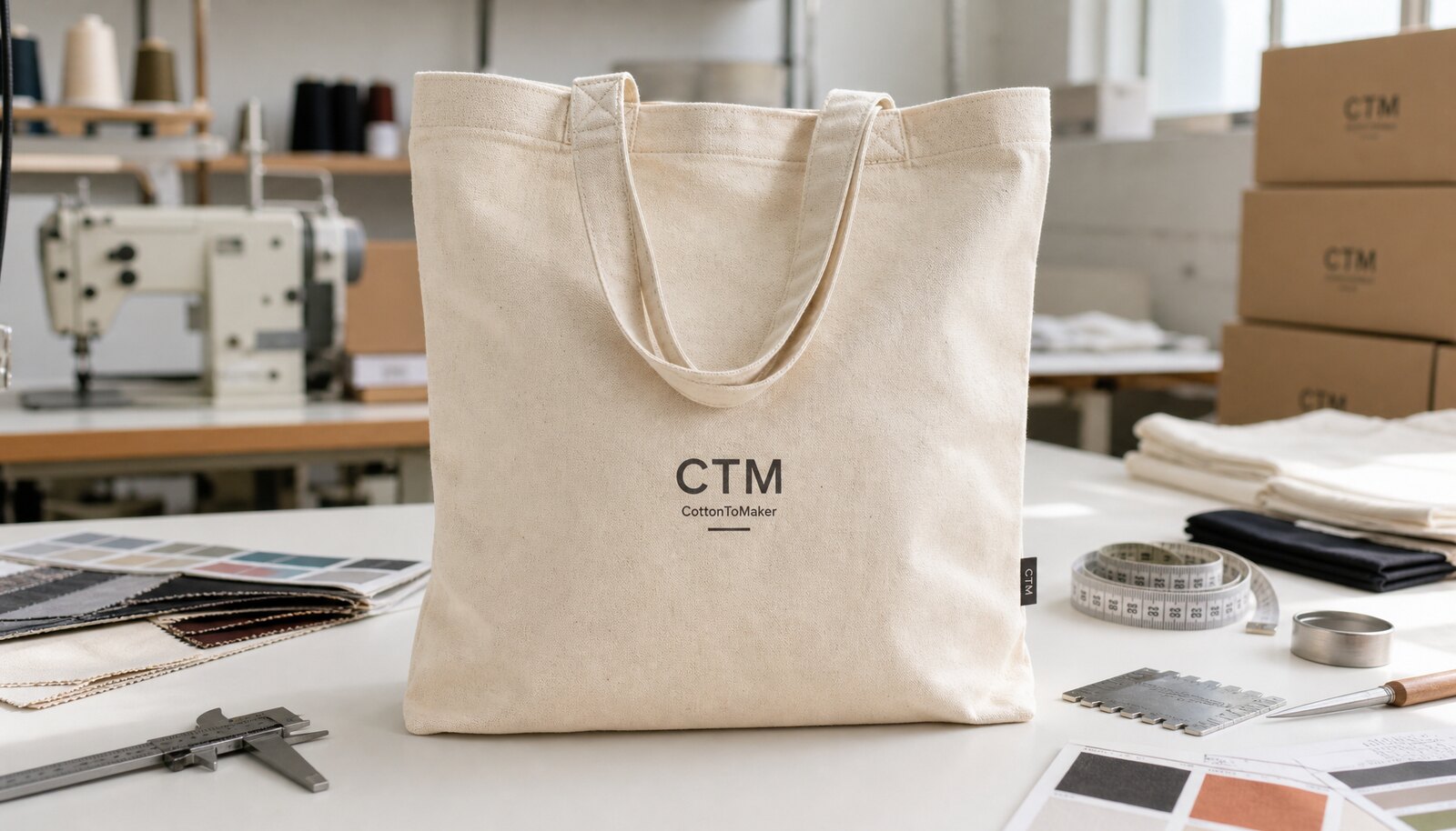 Photorealistic canvas tote bag with CTM sample logo in a factory sample room