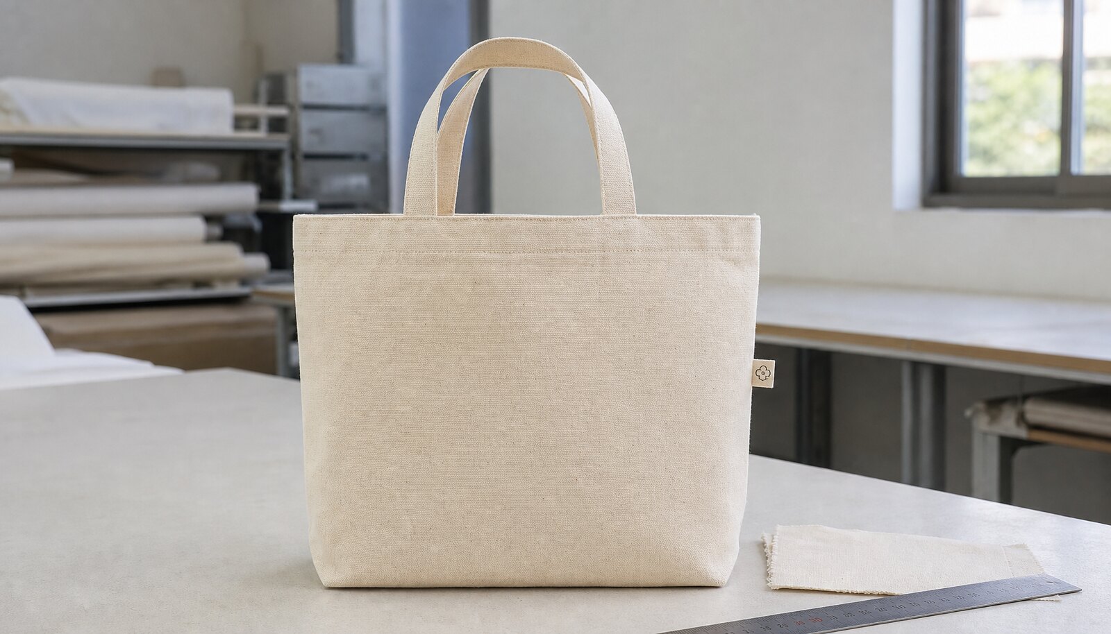 Natural canvas tote bag with a simple CTM sample logo shown in a clean factory sample room