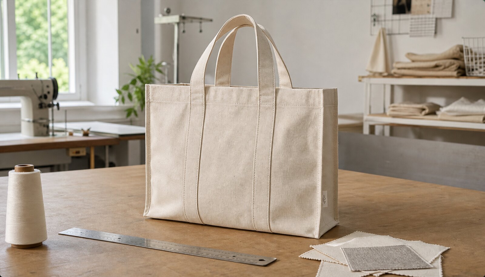 Photorealistic canvas tote bag sample with a simple CTM logo in a factory sample room