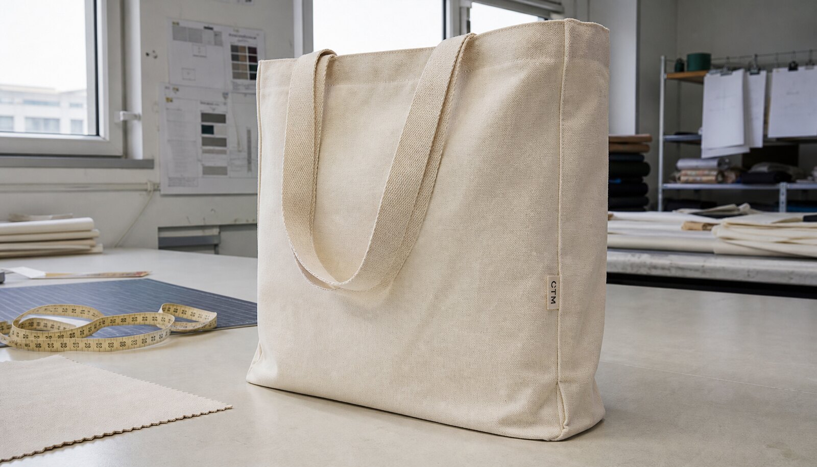 Natural canvas tote bag with a small CTM CottonToMaker side label in a factory sample room.