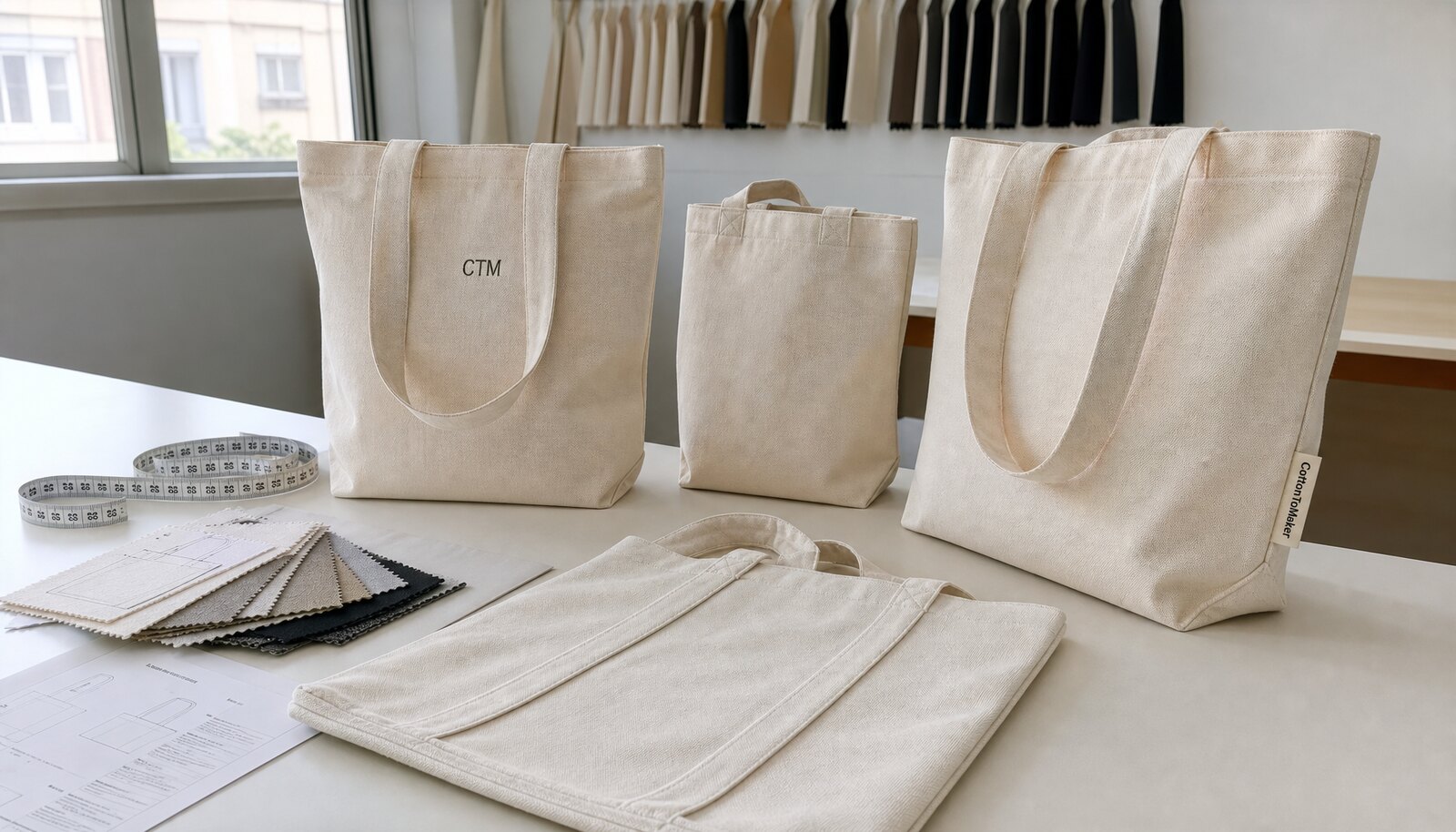 Custom canvas tote bags with a simple CTM logo and side label in a factory sample room