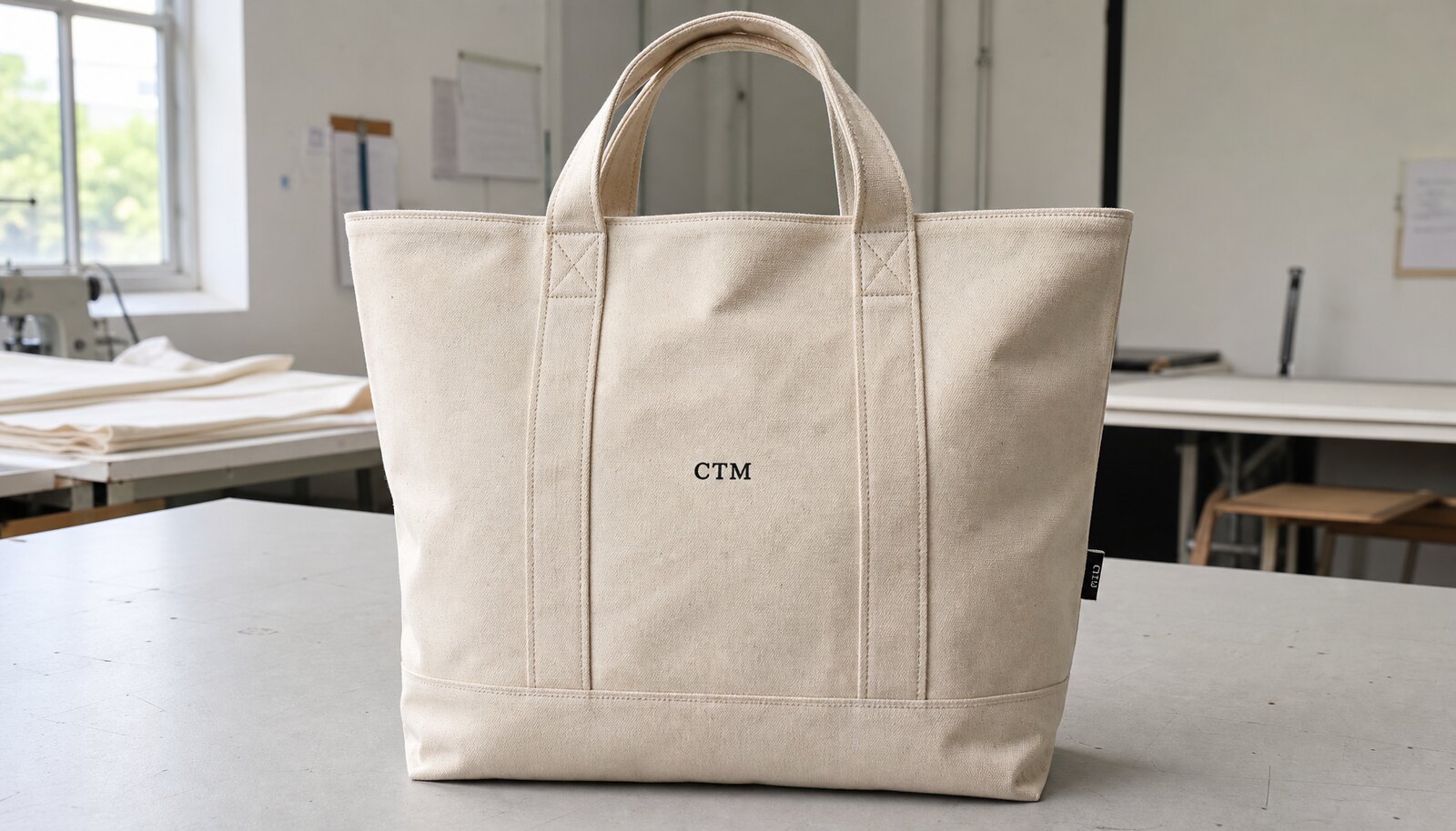Natural canvas tote bag with a simple CTM logo printed on the front and a woven side label, photographed in a clean factory sample room