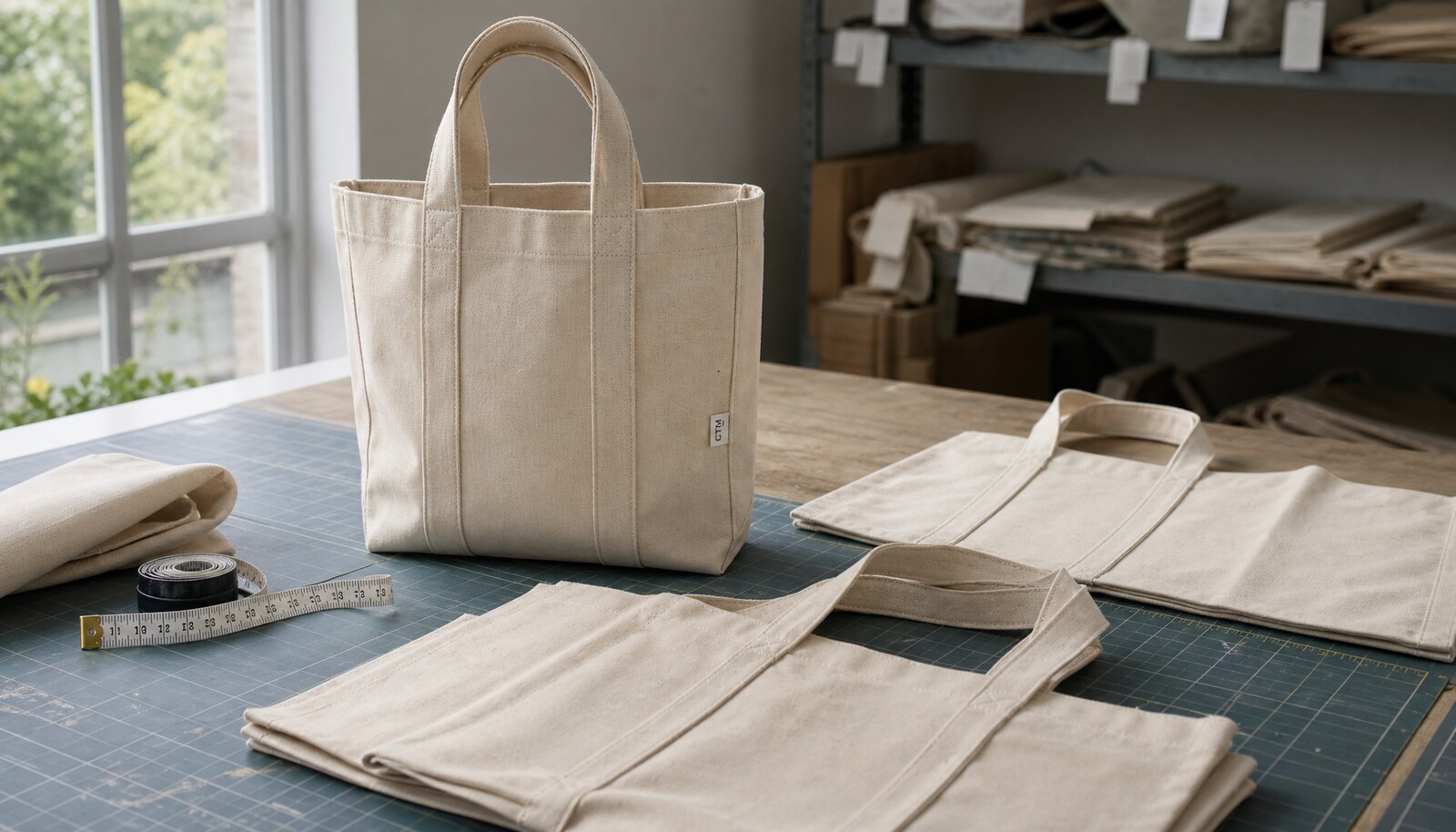 Natural canvas tote bag sample with a small stitched CTM CottonToMaker side label in a clean factory sample room